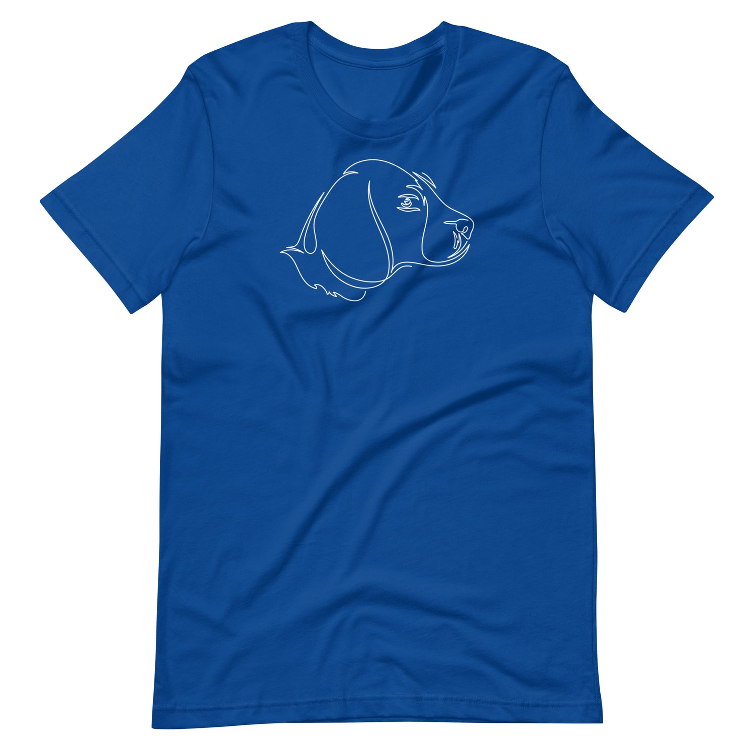 White minimalist one line art beagle dog profile silhouette printed on a royal blue unisex t-shirt front view
