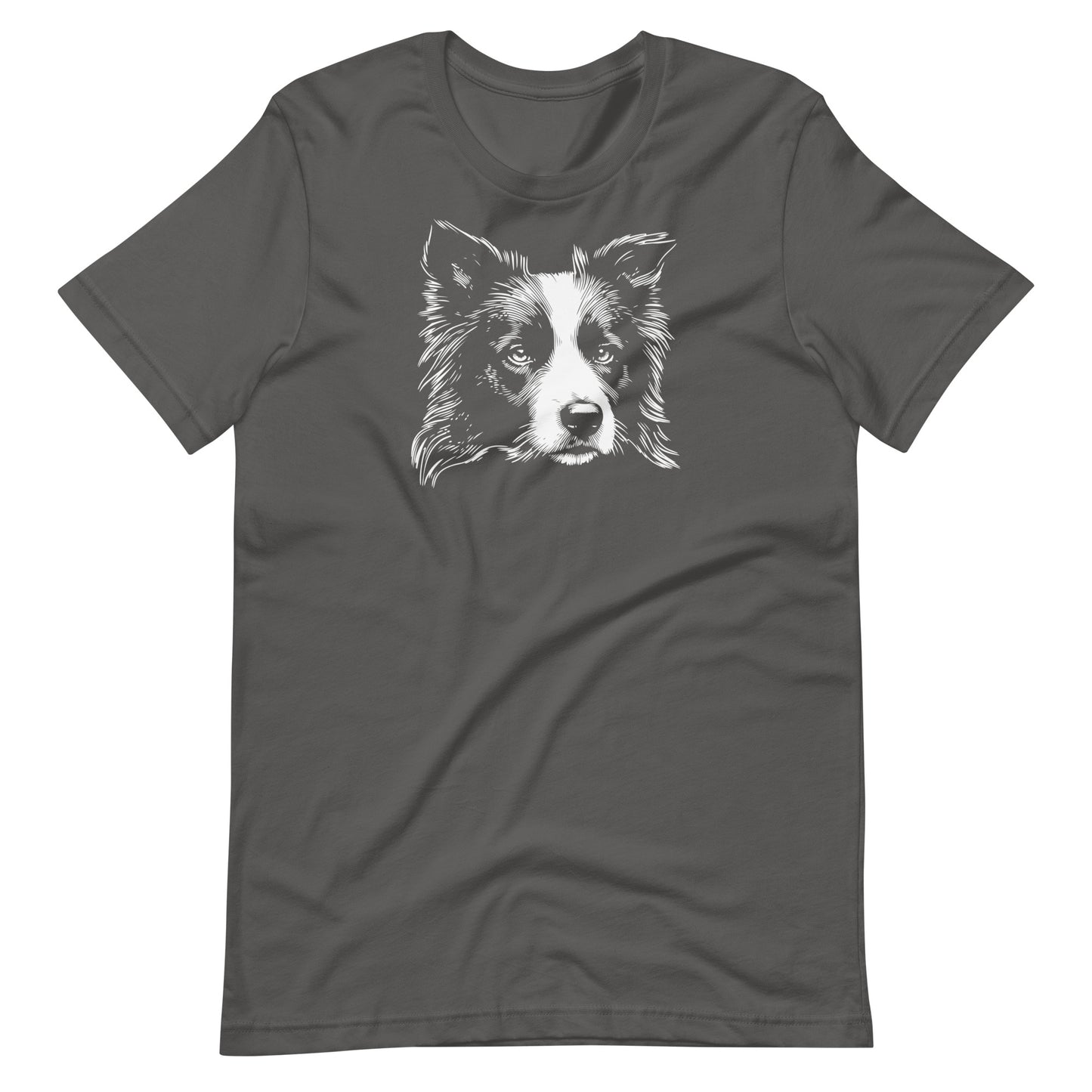 White high contrast border collie dog head silhouette art printed on an asphalt-gray unisex t-shirt front view