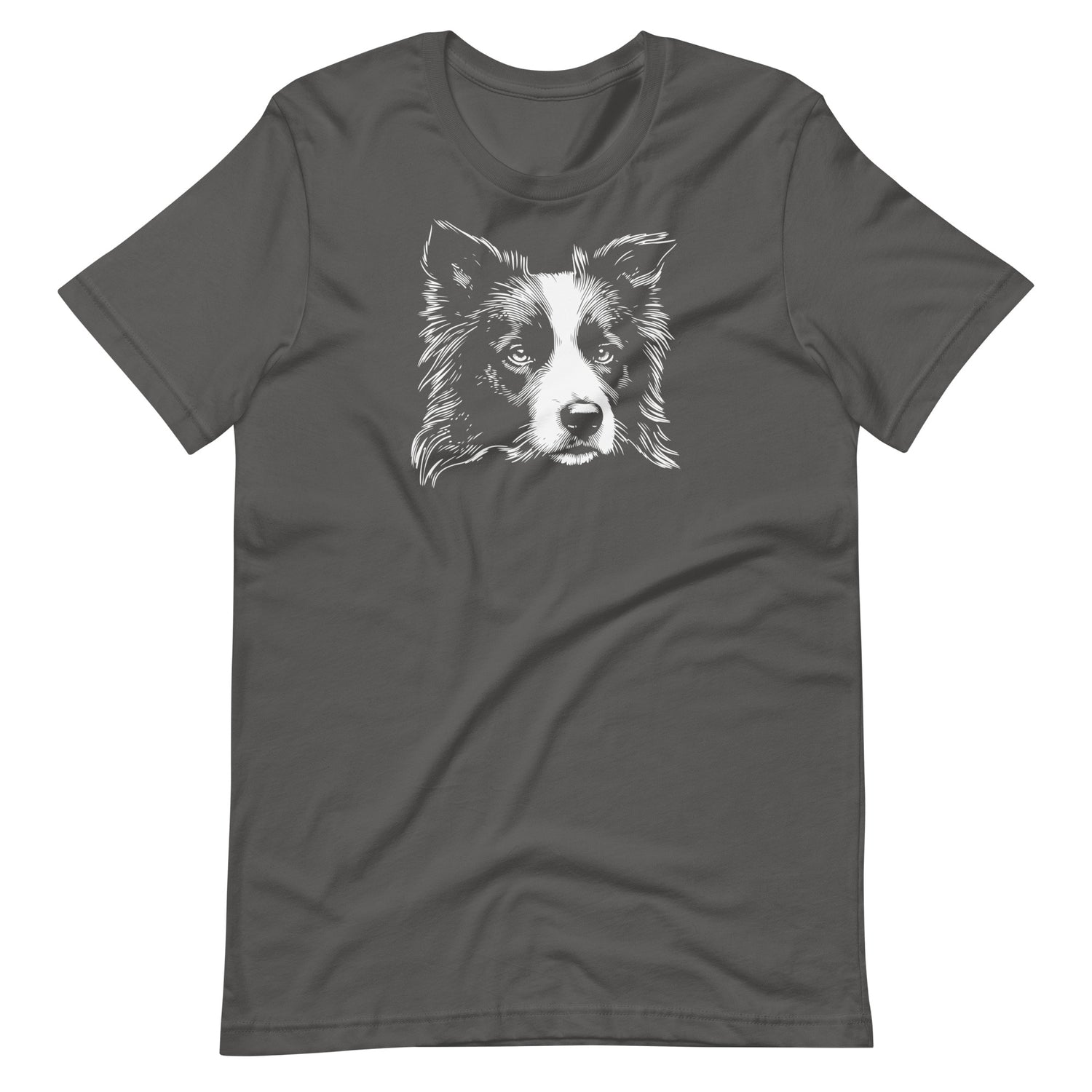 White high contrast border collie dog head silhouette art printed on an asphalt-gray unisex t-shirt front view