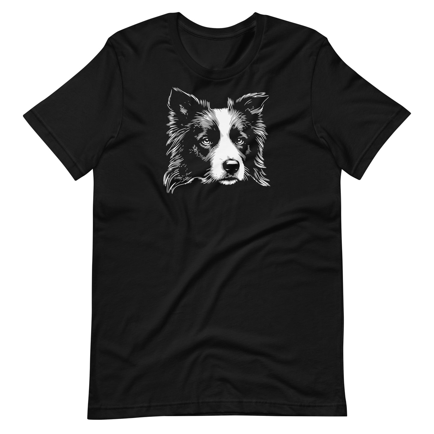 White high contrast border collie dog head silhouette art printed on a black unisex t-shirt front view