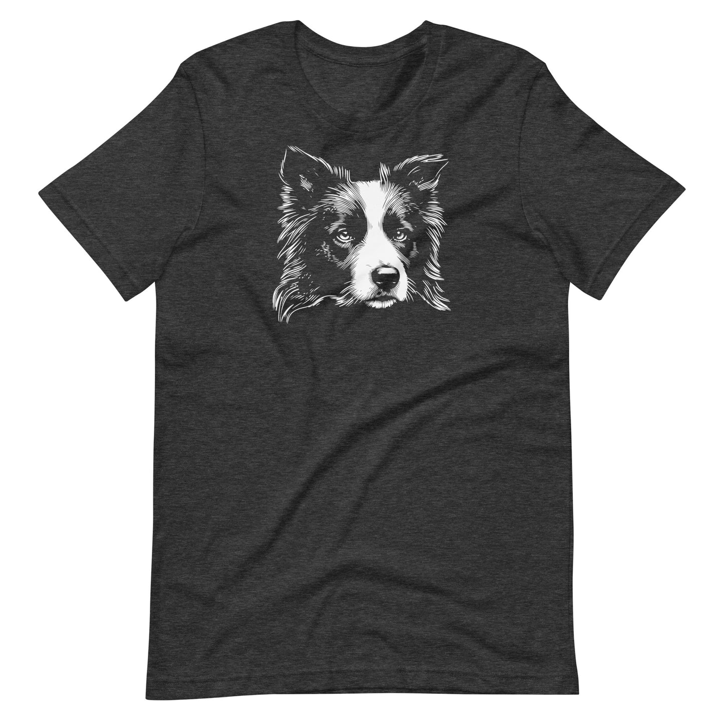 White high contrast border collie dog head silhouette art printed on a dark gray unisex t-shirt front view