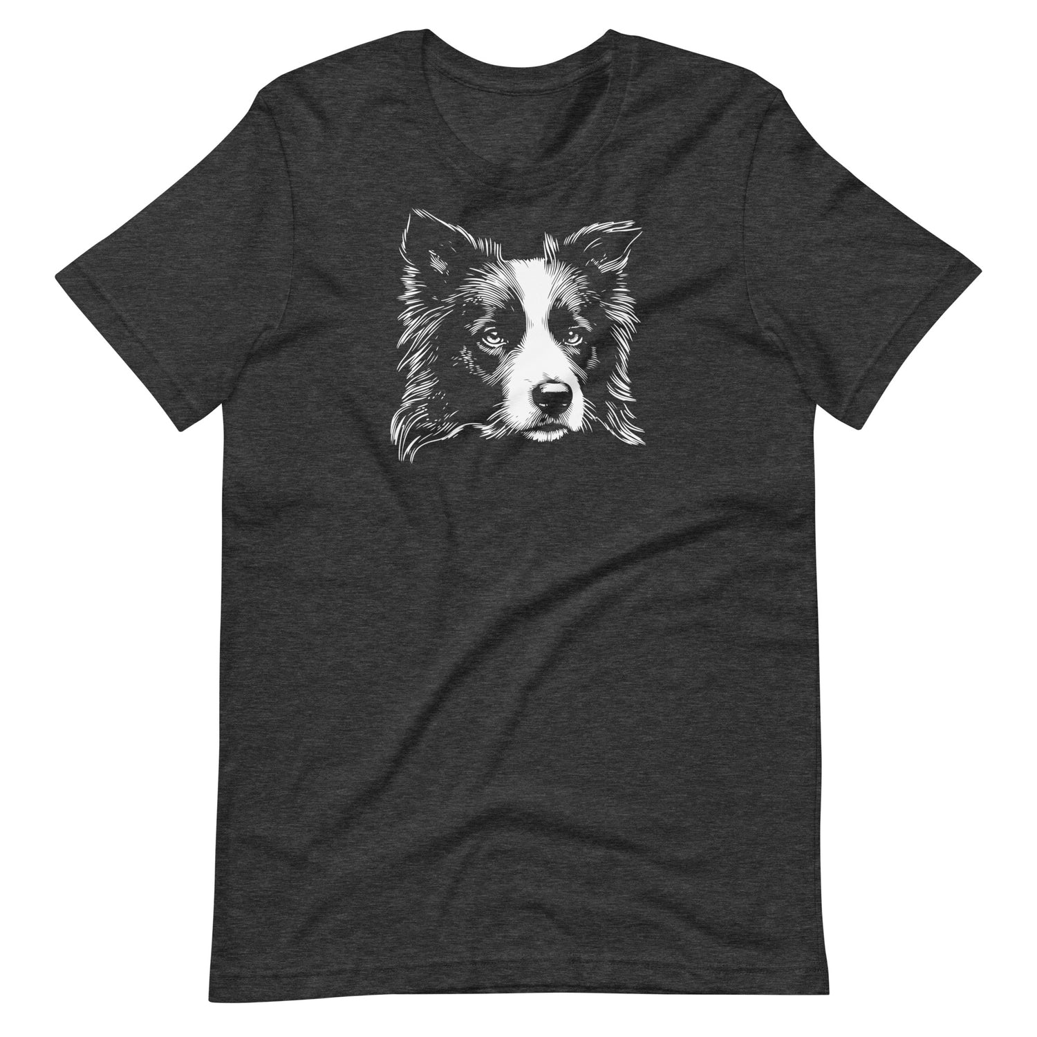 White high contrast border collie dog head silhouette art printed on a dark gray unisex t-shirt front view