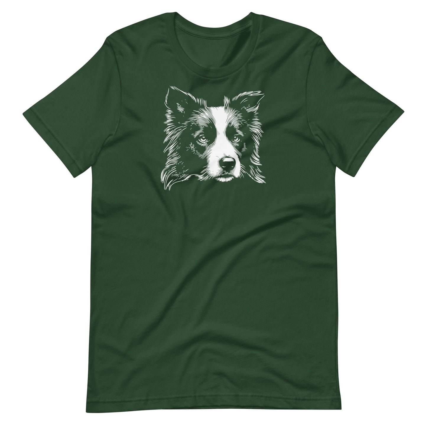 White high contrast border collie dog head silhouette art printed on a green unisex t-shirt front view