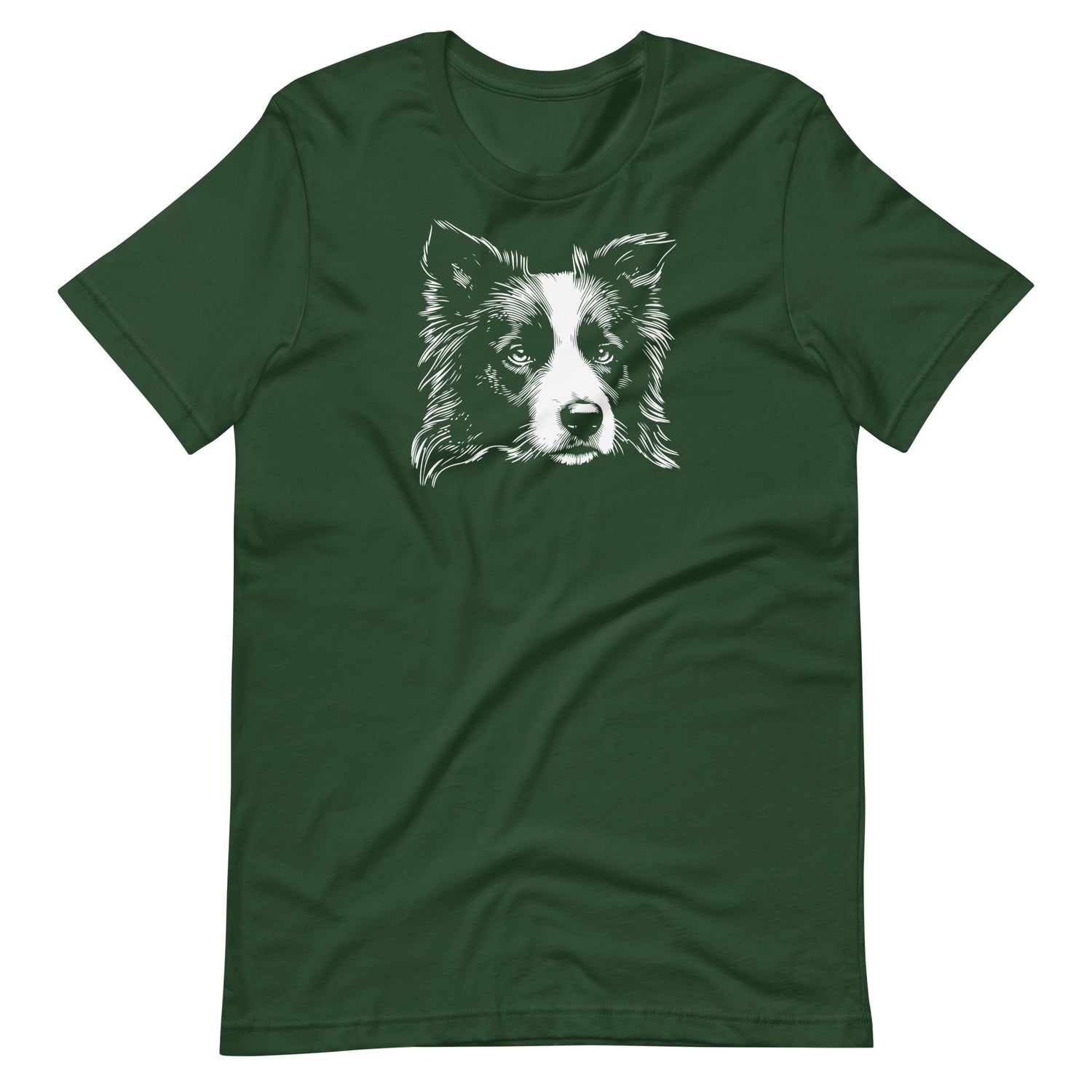 White high contrast border collie dog head silhouette art printed on a green unisex t-shirt front view