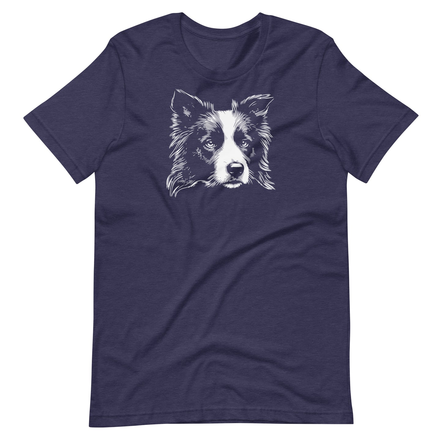 White high contrast border collie dog head silhouette art printed on a midnight blue unisex t-shirt front view