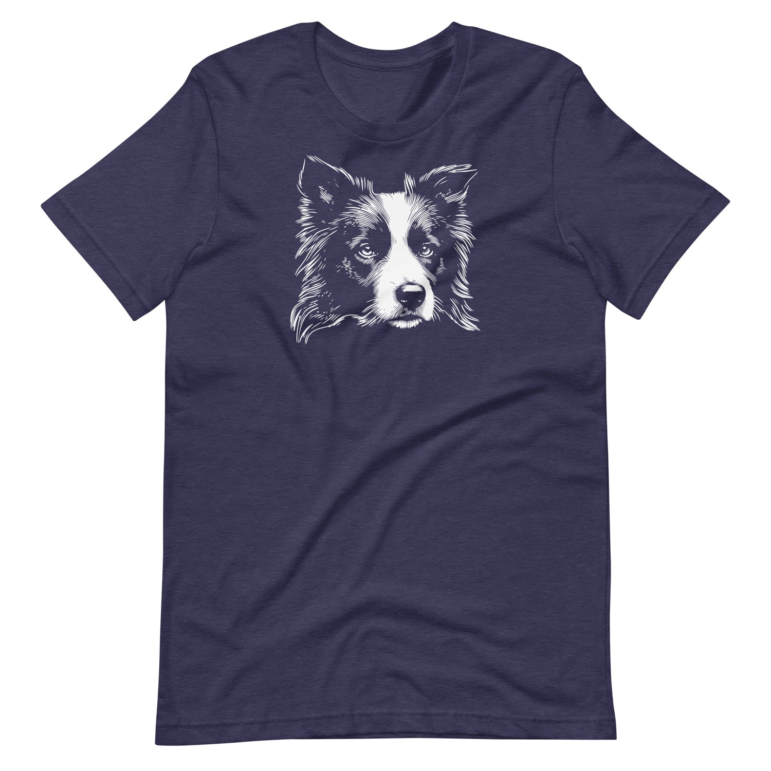 White high contrast border collie dog head silhouette art printed on a midnight blue unisex t-shirt front view