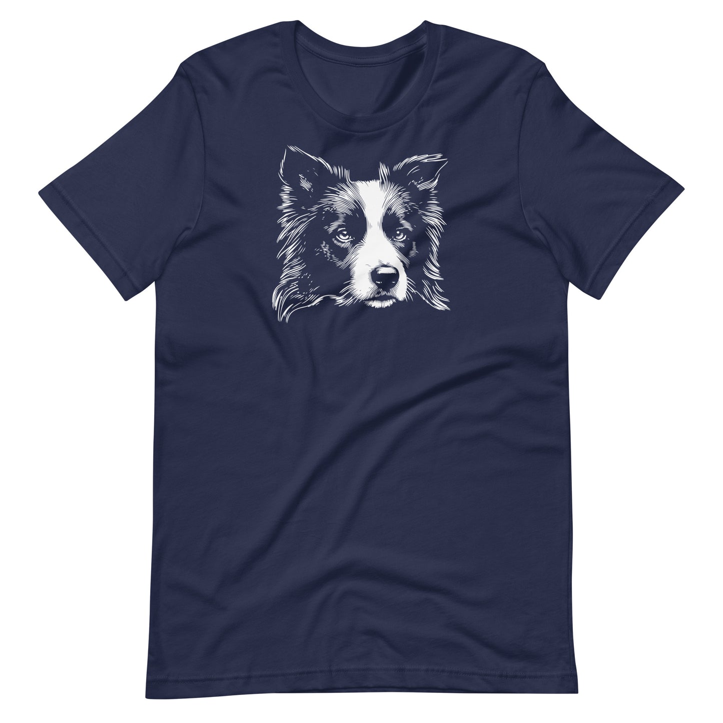 White high contrast border collie dog head silhouette art printed on a navy blue unisex t-shirt front view