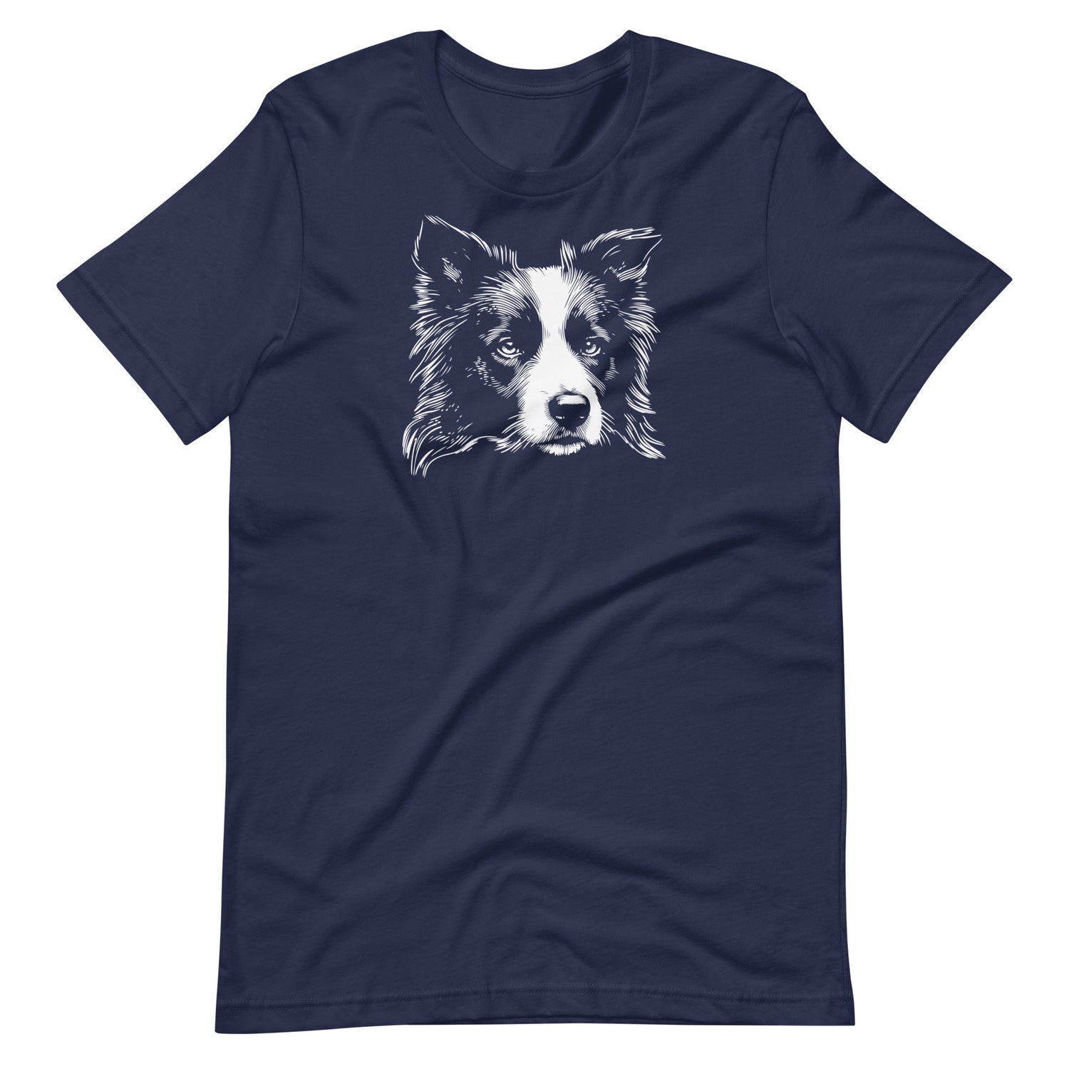 White high contrast border collie dog head silhouette art printed on a navy blue unisex t-shirt front view