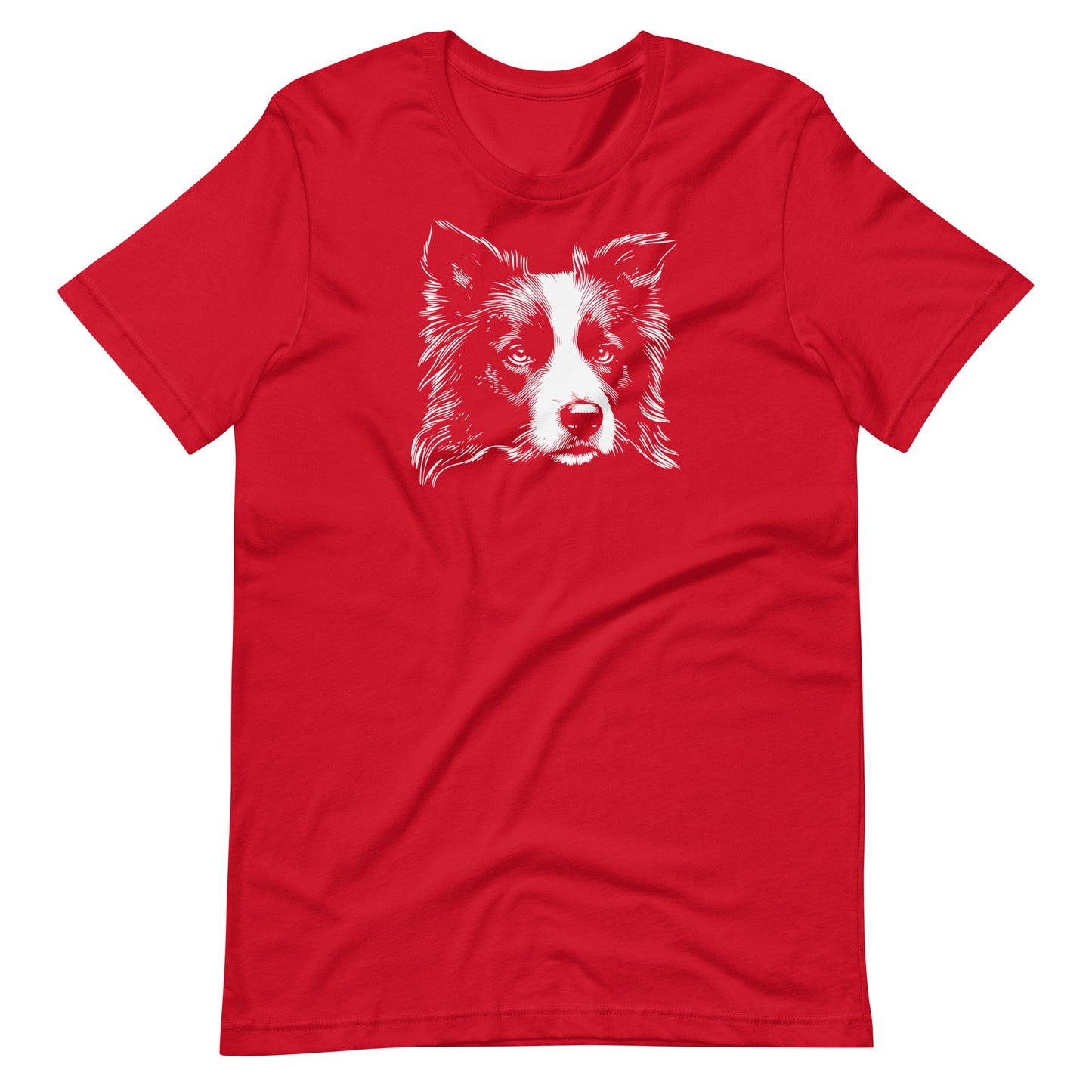 White high contrast border collie dog head silhouette art printed on a red unisex t-shirt front view