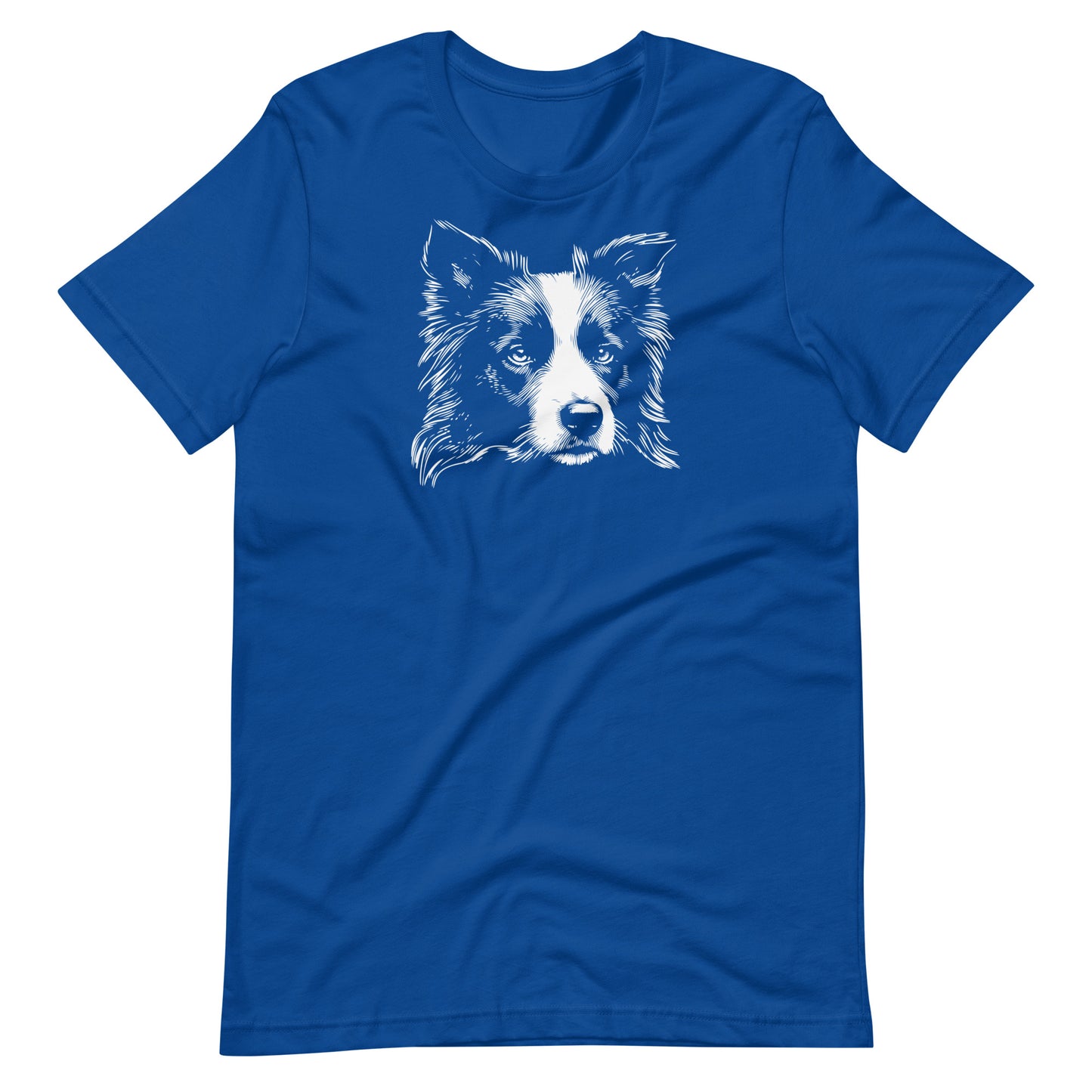 White high contrast border collie dog head silhouette art printed on a royal blue unisex t-shirt front view