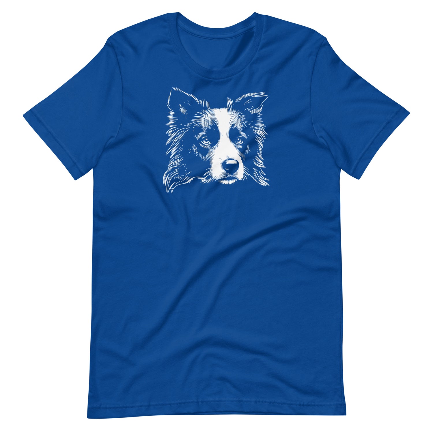 White high contrast border collie dog head silhouette art printed on a royal blue unisex t-shirt front view