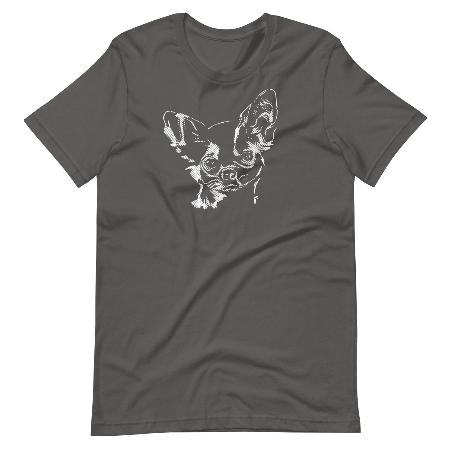 White high contrast chihuahua dog head silhouette art printed on an asphalt gray unisex t-shirt front view
