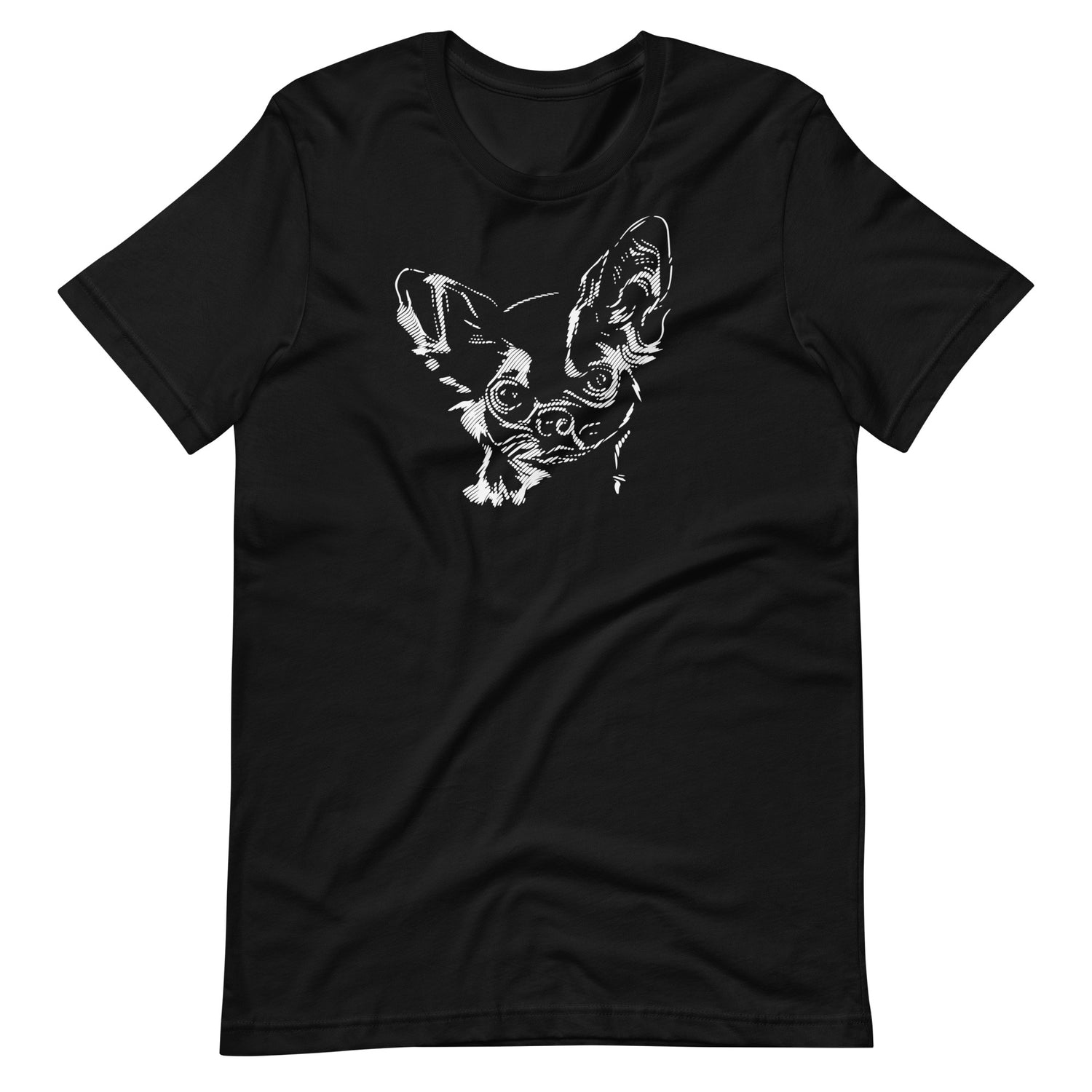 White high contrast chihuahua dog head silhouette art printed on a black unisex t-shirt front view