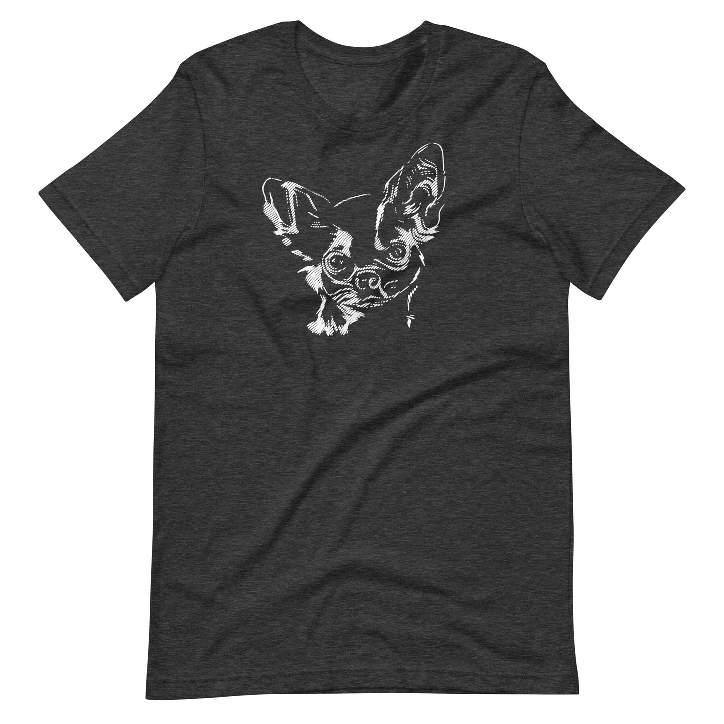 White high contrast chihuahua dog head silhouette art printed on a dark gray unisex t-shirt front view