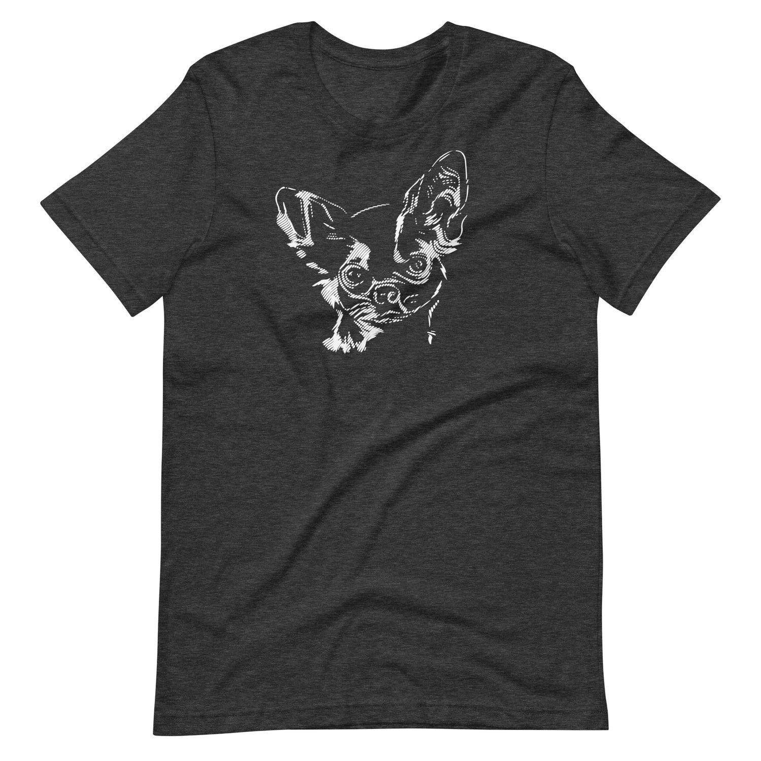 White high contrast chihuahua dog head silhouette art printed on a dark gray unisex t-shirt front view