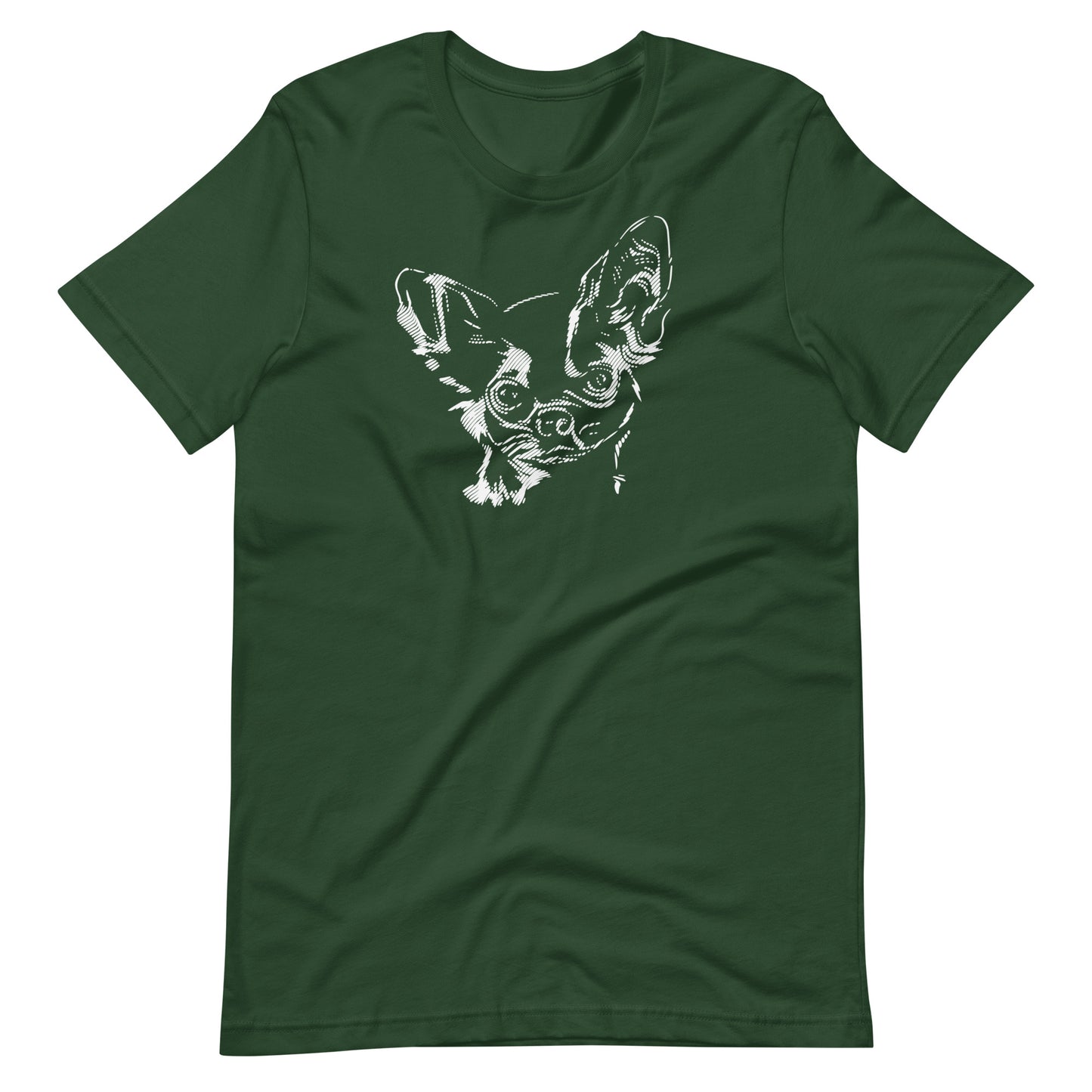 White high contrast chihuahua dog head silhouette art printed on a green unisex t-shirt front view