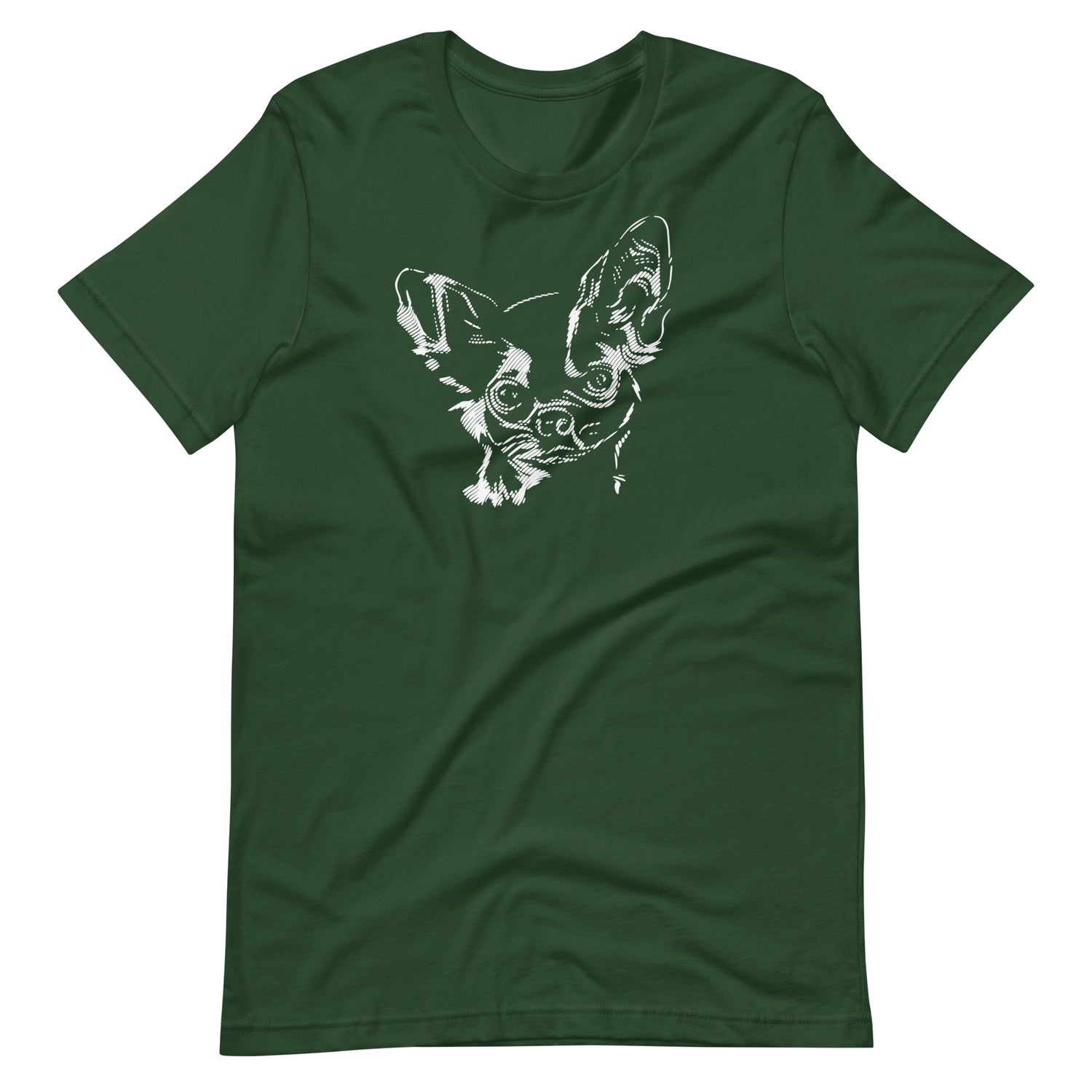 White high contrast chihuahua dog head silhouette art printed on a green unisex t-shirt front view