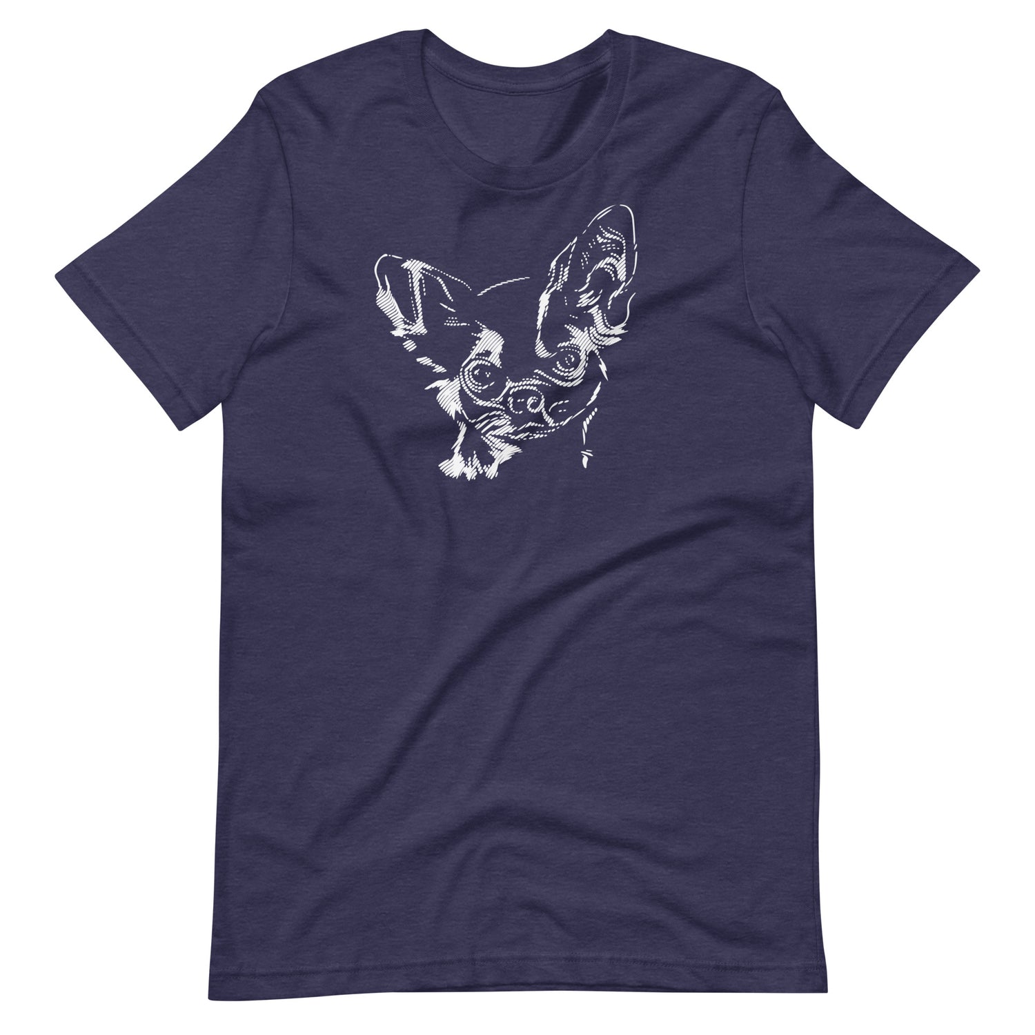 White high contrast chihuahua dog head silhouette art printed on a midnight blue unisex t-shirt front view