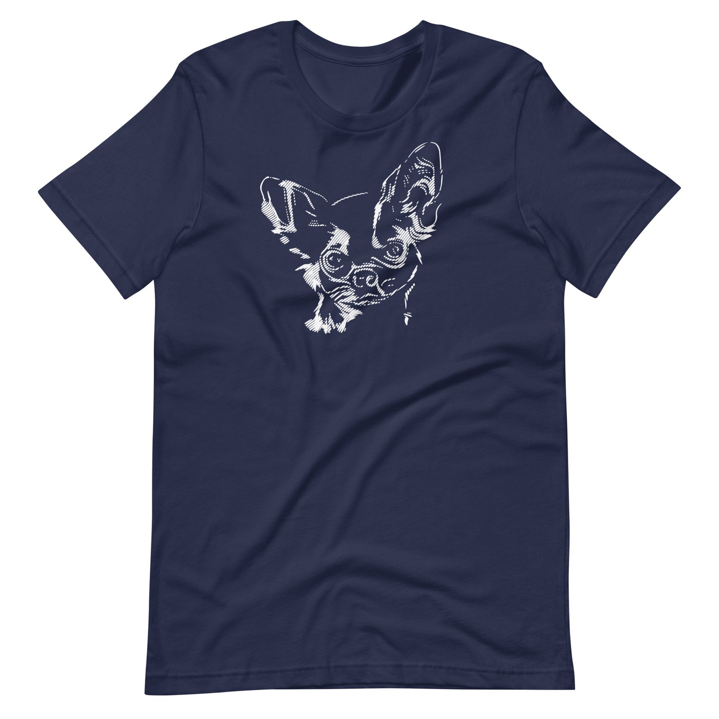 White high contrast chihuahua dog head silhouette art printed on a navy blue unisex t-shirt front view