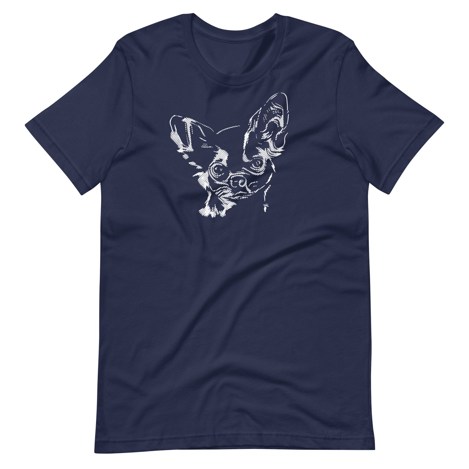 White high contrast chihuahua dog head silhouette art printed on a navy blue unisex t-shirt front view