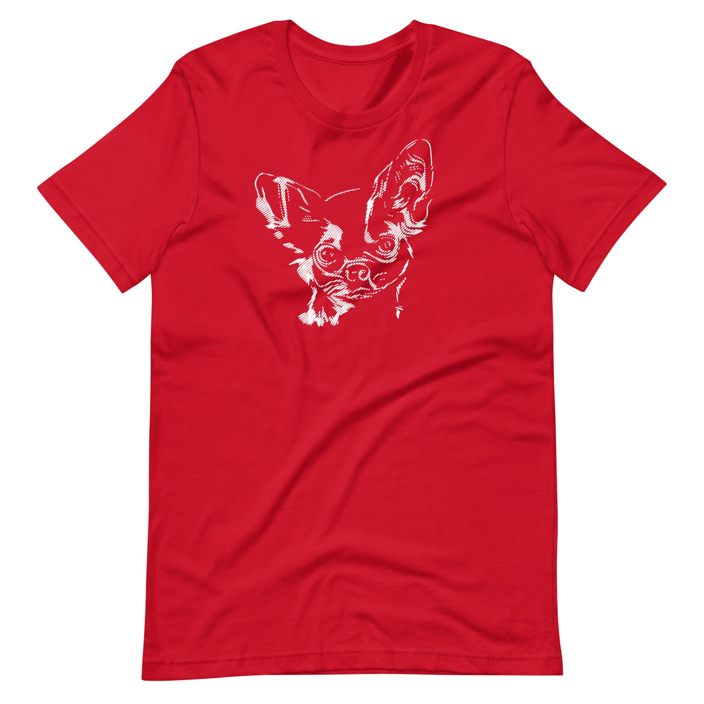 White high contrast chihuahua dog head silhouette art printed on a red unisex t-shirt front view