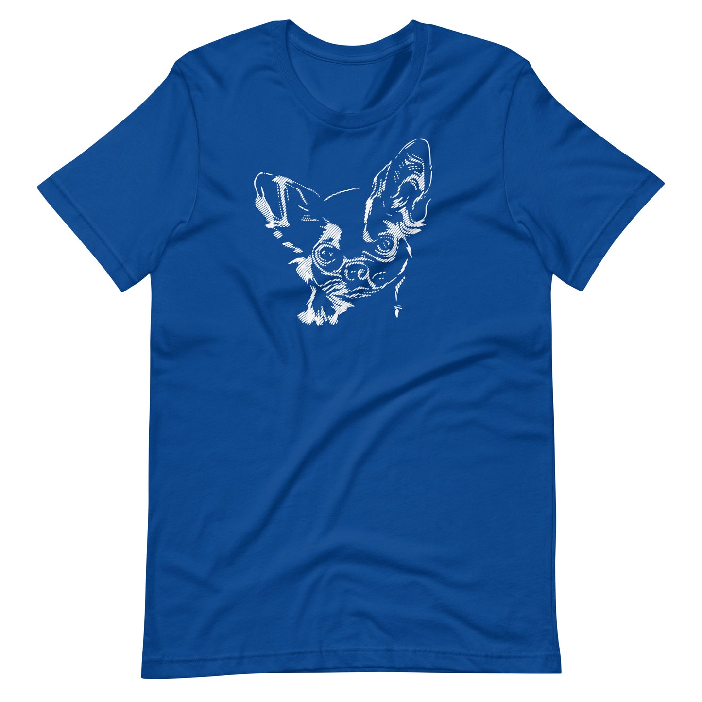 White high contrast chihuahua dog head silhouette art printed on a royal blue unisex t-shirt front view