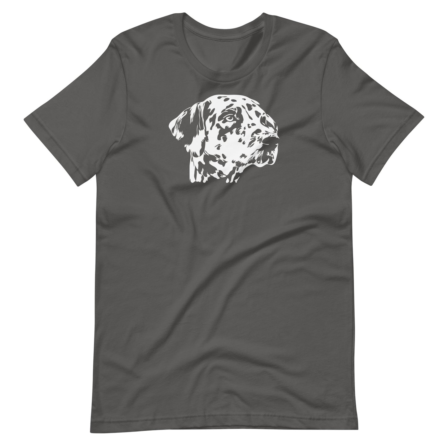 White high contrast dalmatian dog head silhouette art printed on an asphalt gray unisex t-shirt front view