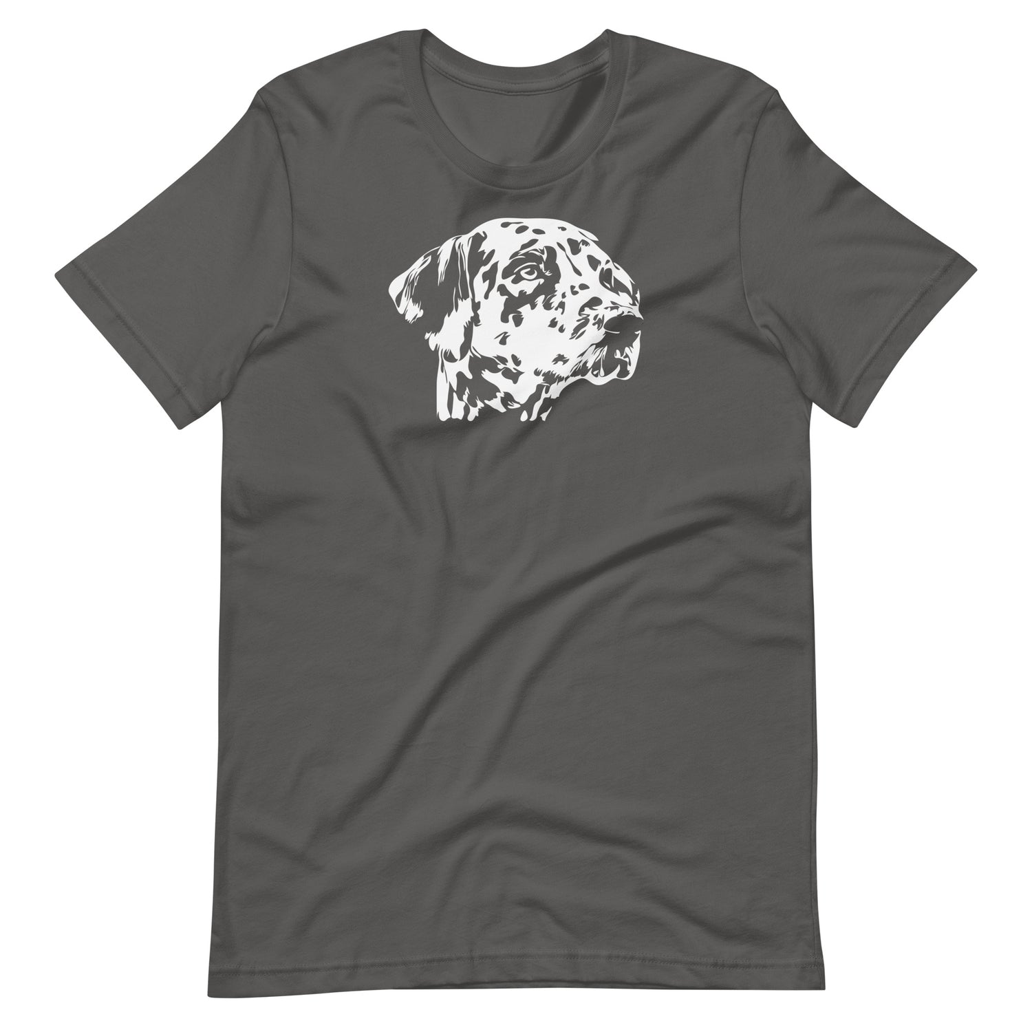 White high contrast dalmatian dog head silhouette art printed on an asphalt gray unisex t-shirt front view