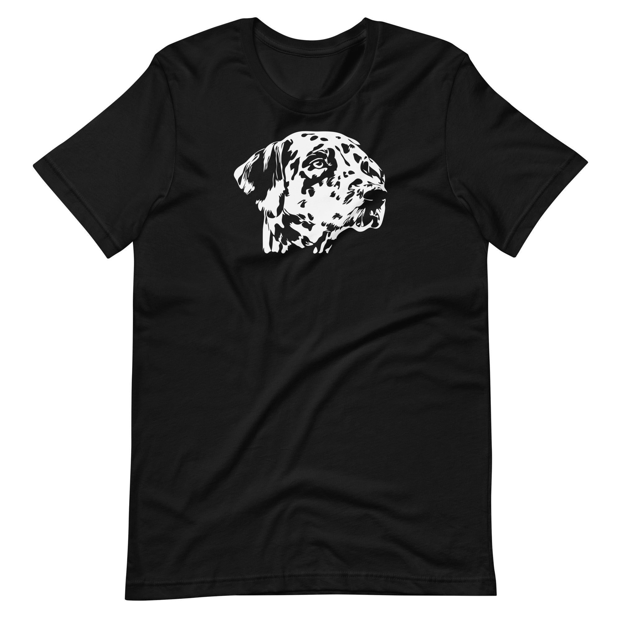 White high contrast dalmatian dog head silhouette art printed on a black unisex t-shirt front view