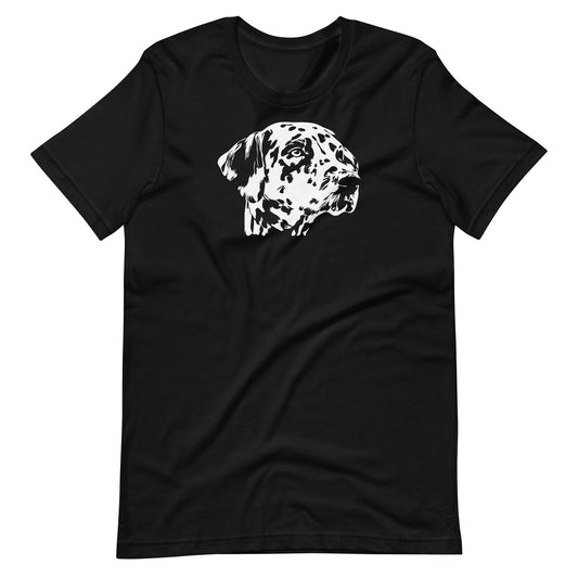White high contrast dalmatian dog head silhouette art printed on a black unisex t-shirt front view