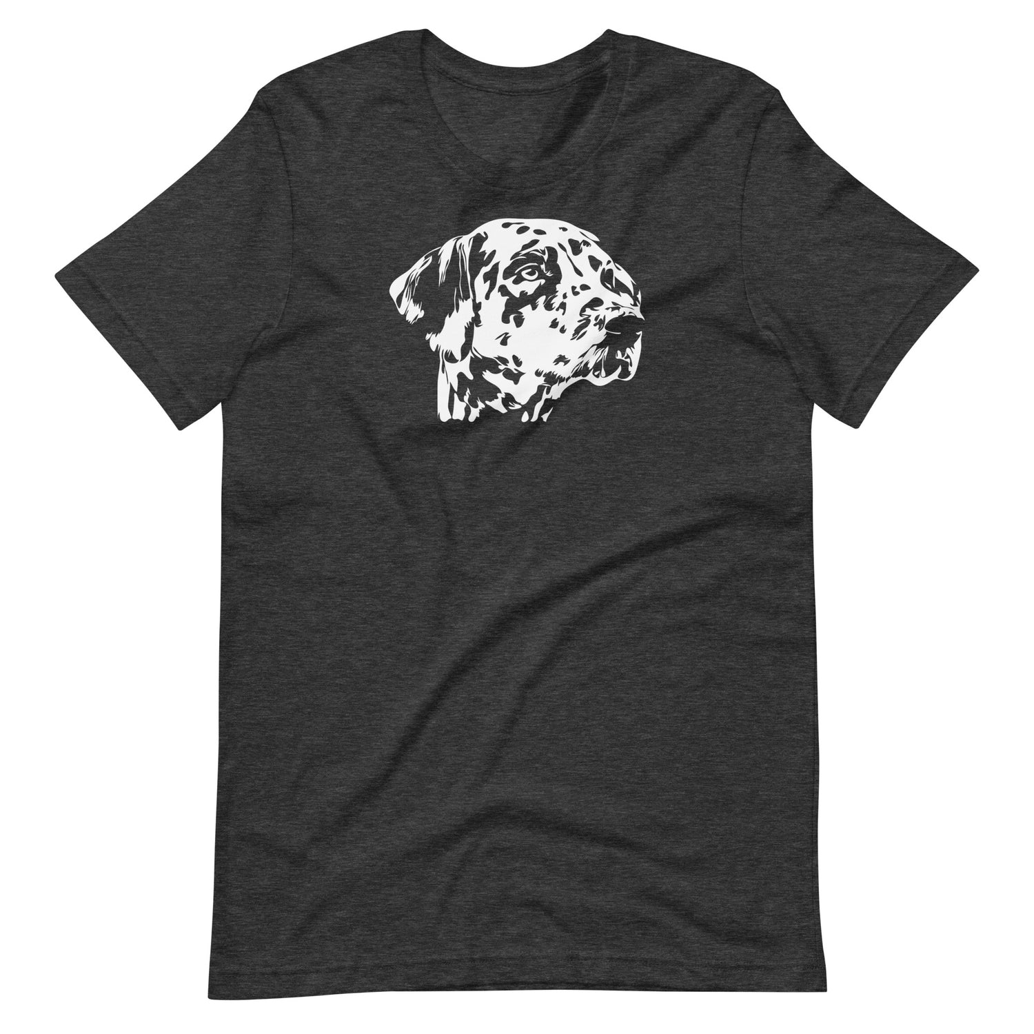 White high contrast dalmatian dog head silhouette art printed on a dark gray unisex t-shirt front view