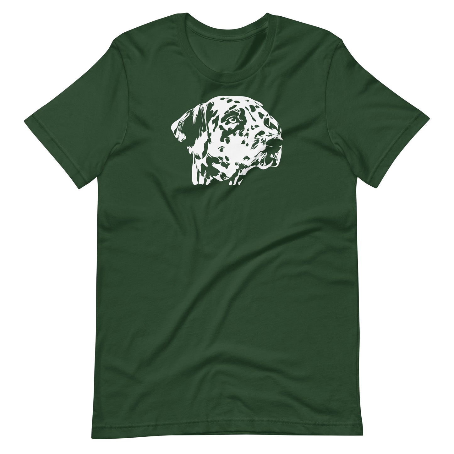 White high contrast dalmatian dog head silhouette art printed on a green unisex t-shirt front view