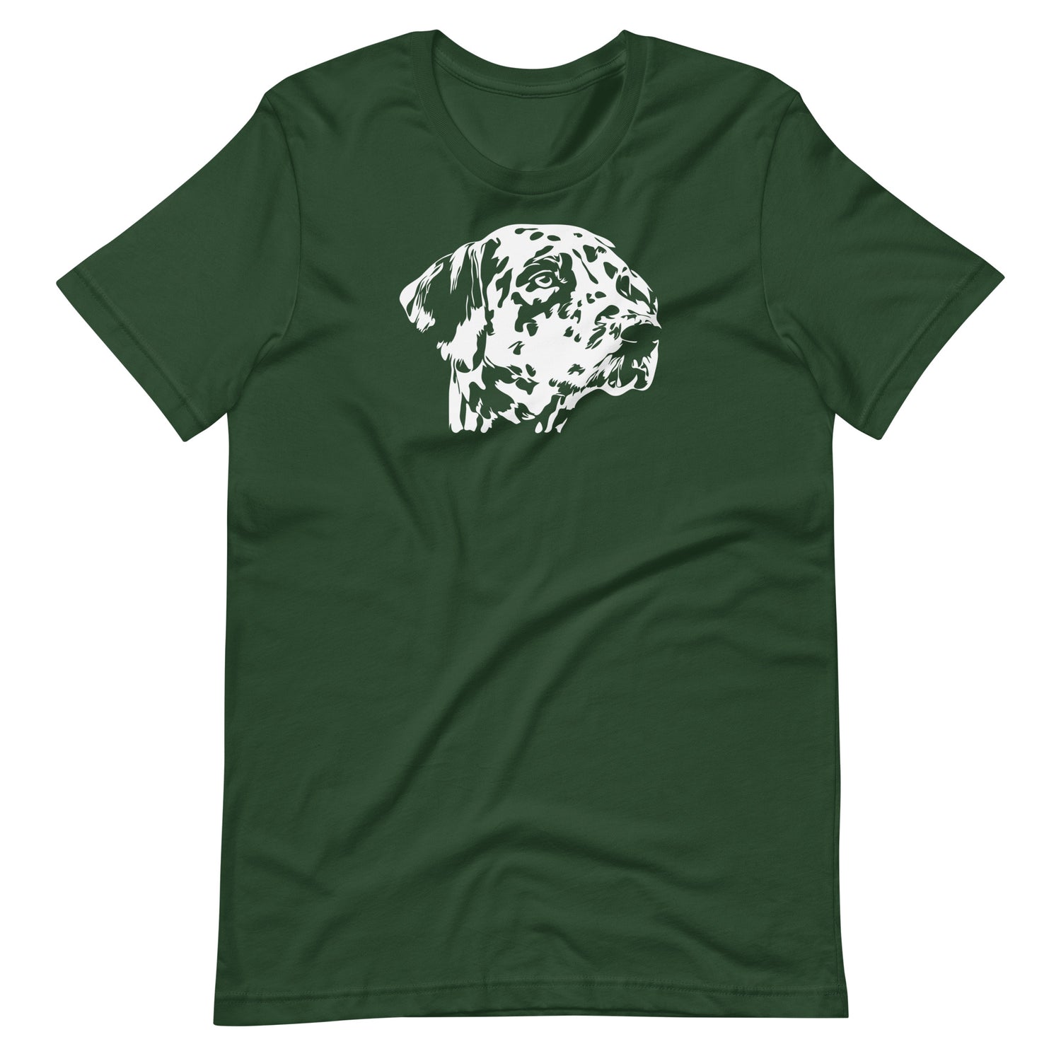 White high contrast dalmatian dog head silhouette art printed on a green unisex t-shirt front view