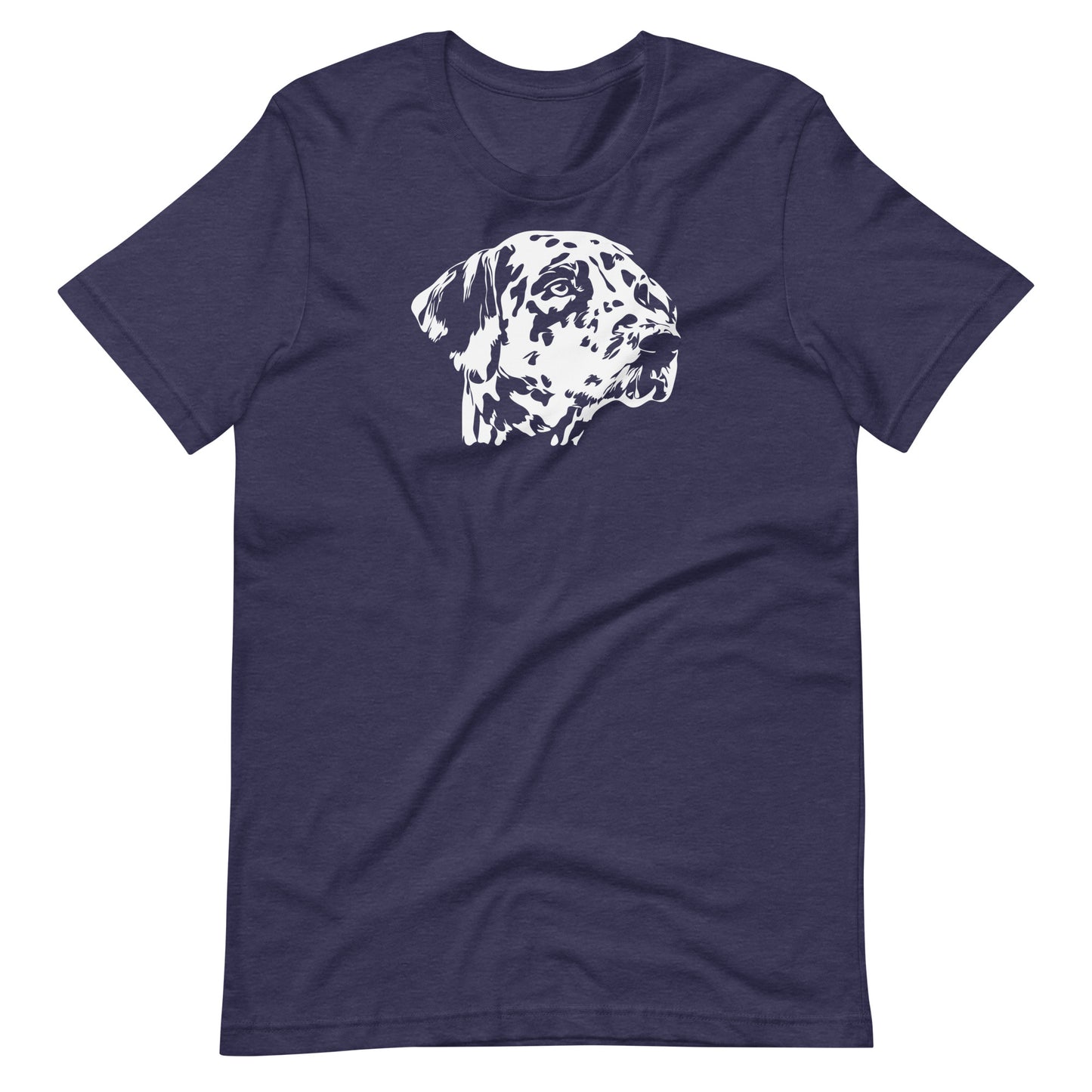White high contrast dalmatian dog head silhouette art printed on a midnight blue unisex t-shirt front view