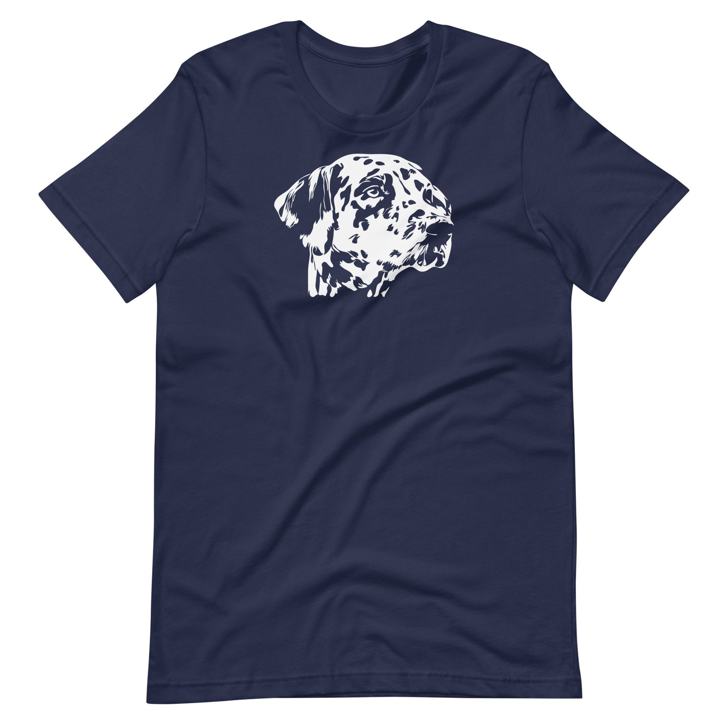 White high contrast dalmatian dog head silhouette art printed on a navy blue unisex t-shirt front view