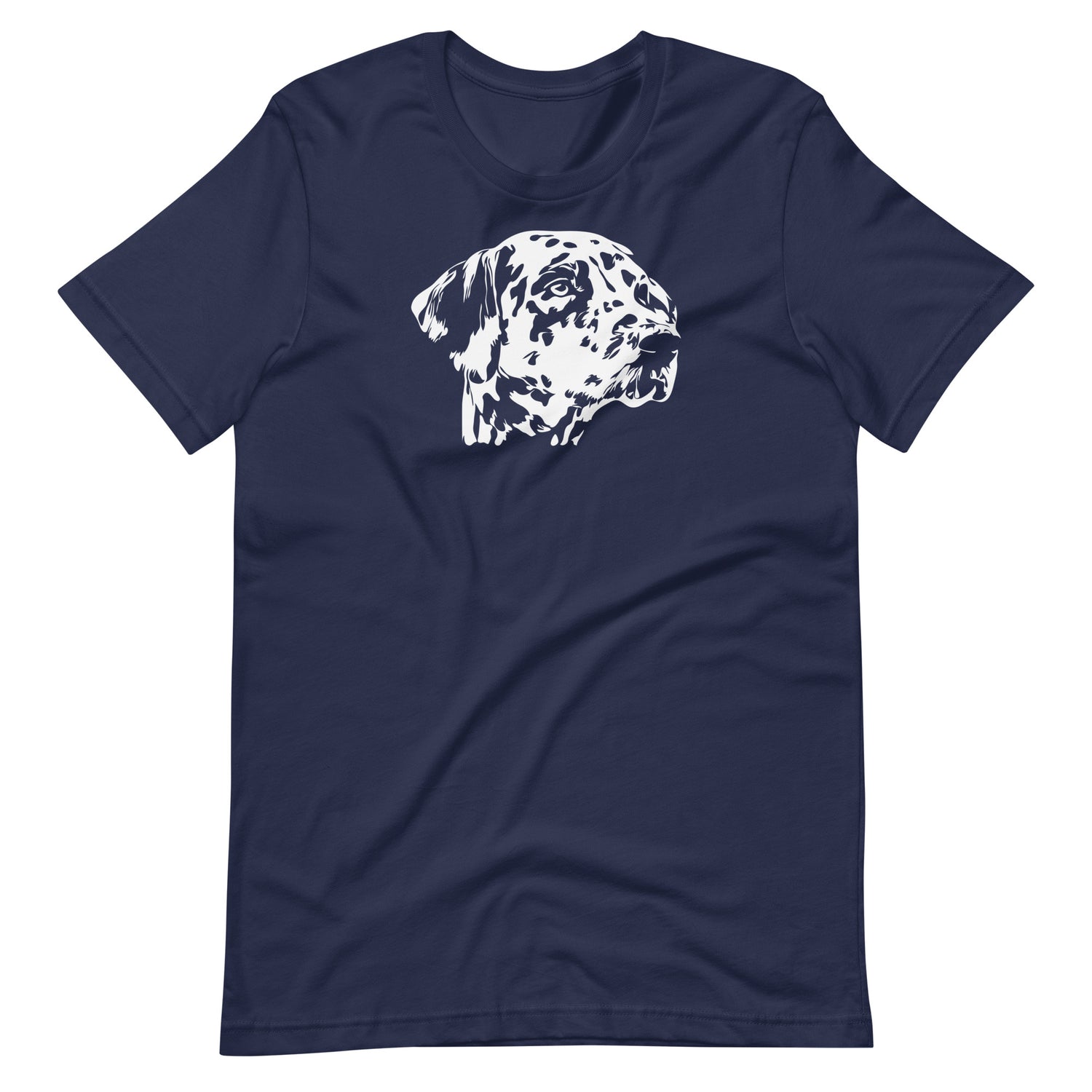 White high contrast dalmatian dog head silhouette art printed on a navy blue unisex t-shirt front view