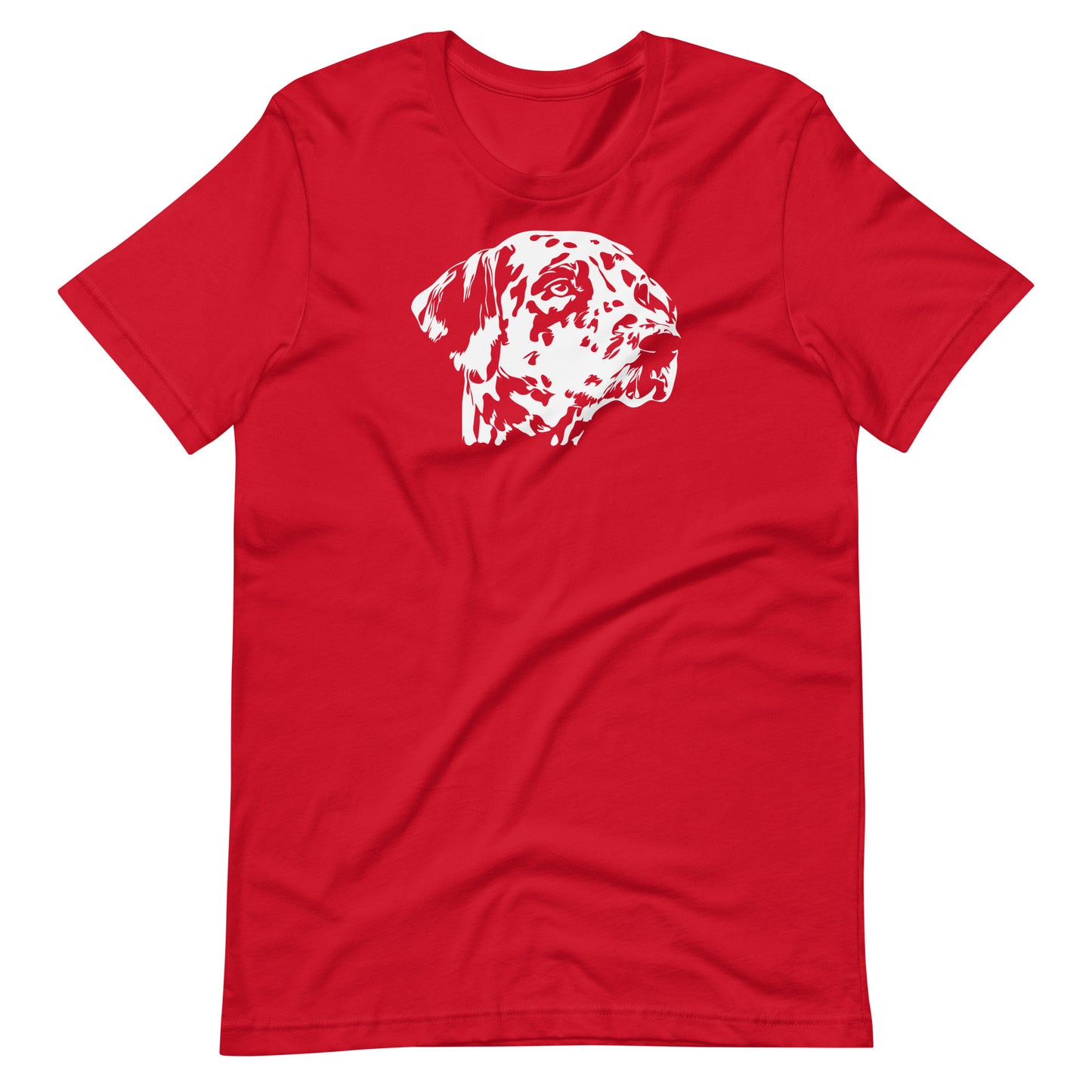 White high contrast dalmatian dog head silhouette art printed on a red unisex t-shirt front view