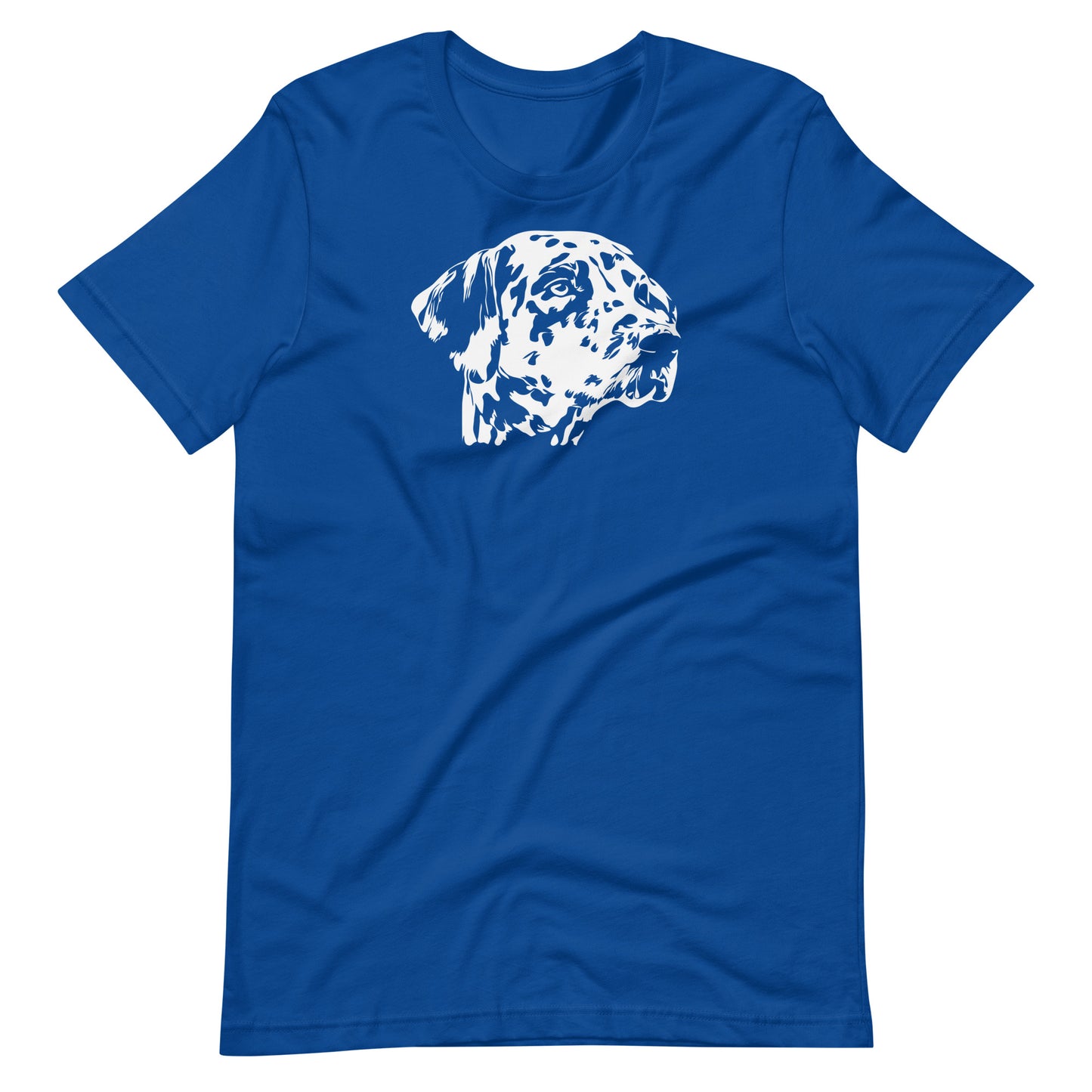 White high contrast dalmatian dog head silhouette art printed on a royal blue unisex t-shirt front view