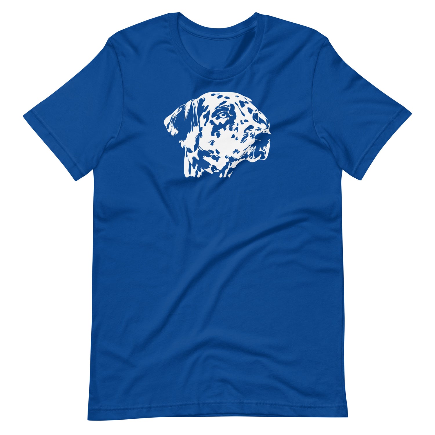 White high contrast dalmatian dog head silhouette art printed on a royal blue unisex t-shirt front view