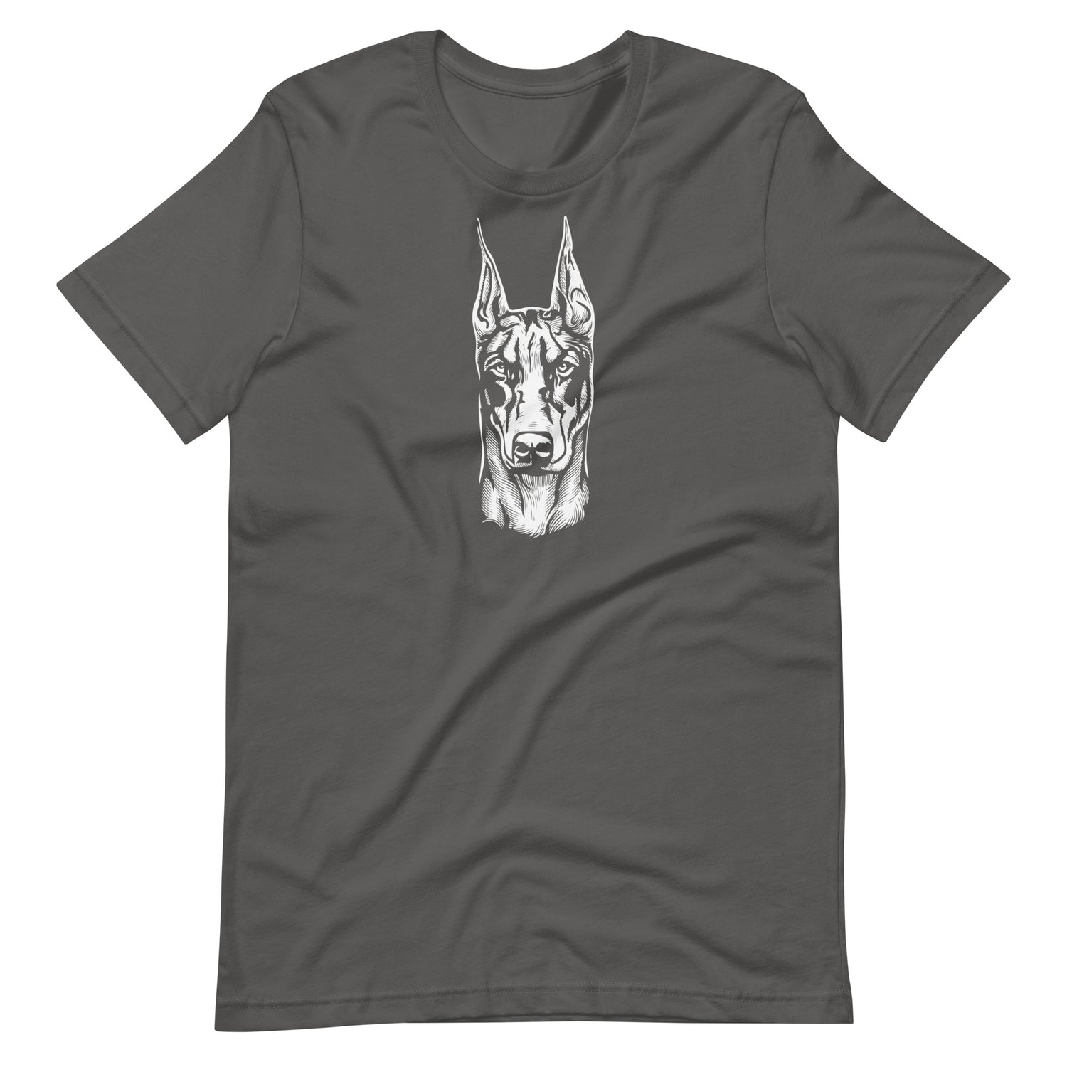 White high contrast doberman dog head silhouette art printed on an asphalt gray unisex t-shirt front view