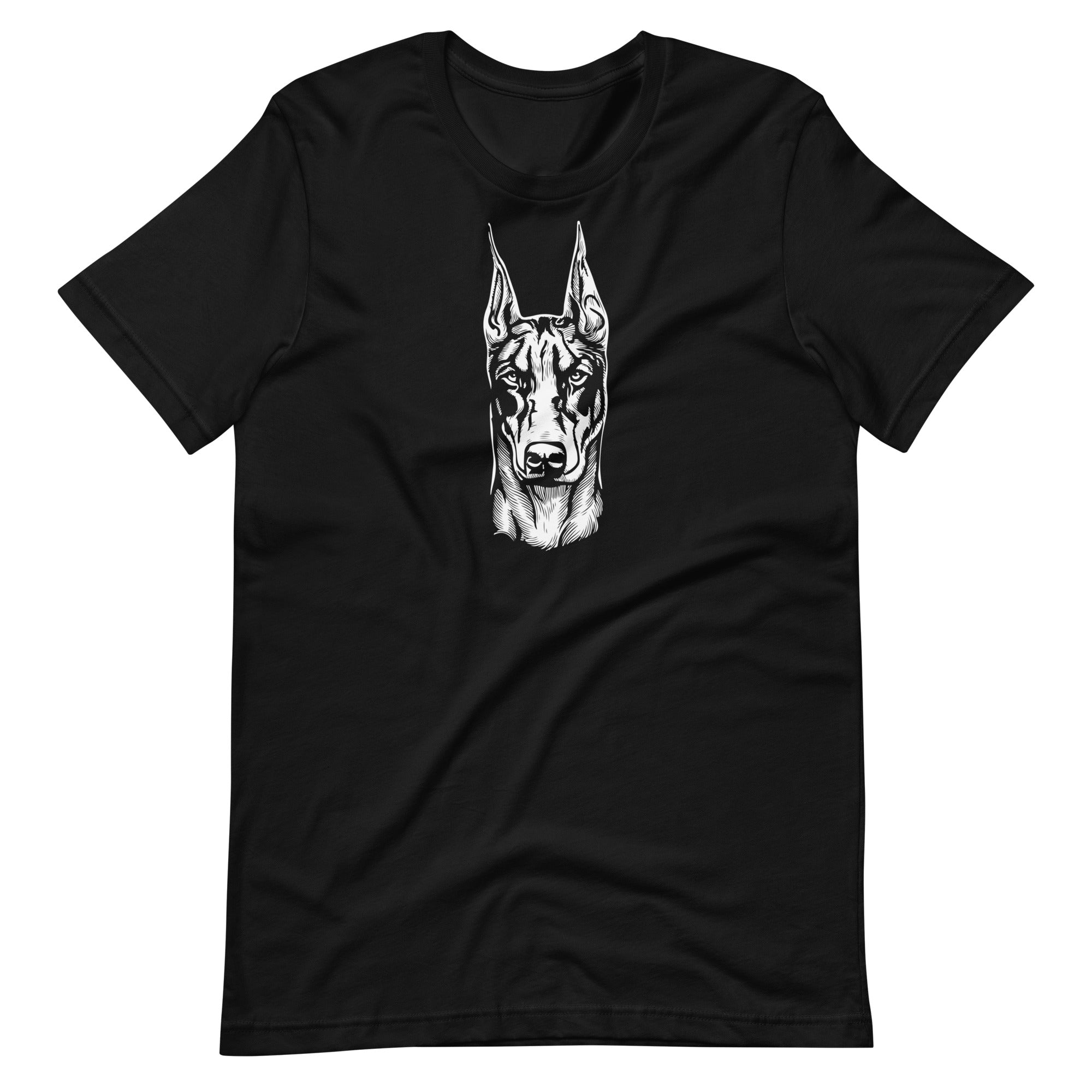 White high contrast doberman dog head silhouette art printed on a black unisex t-shirt front view