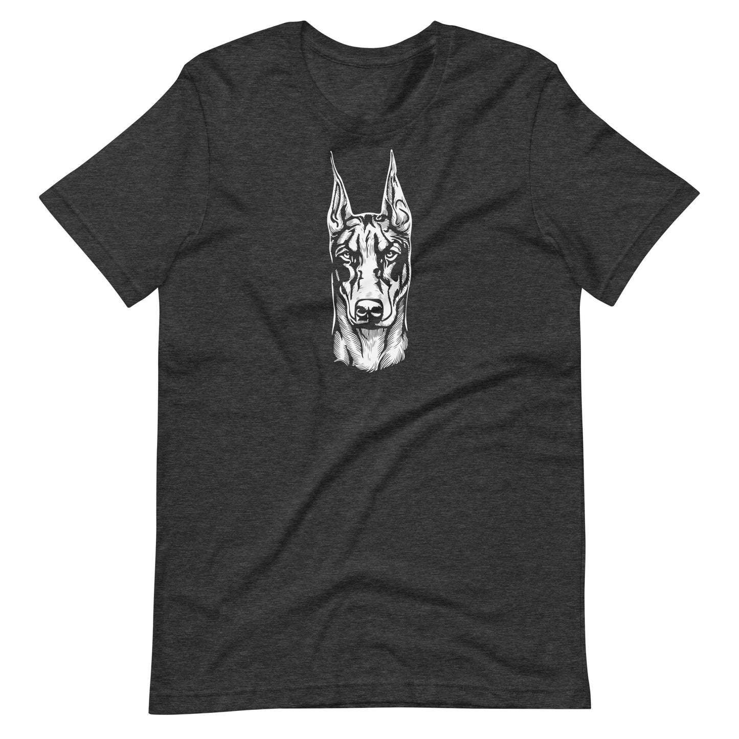 White high contrast doberman dog head silhouette art printed on a dark gray unisex t-shirt front view
