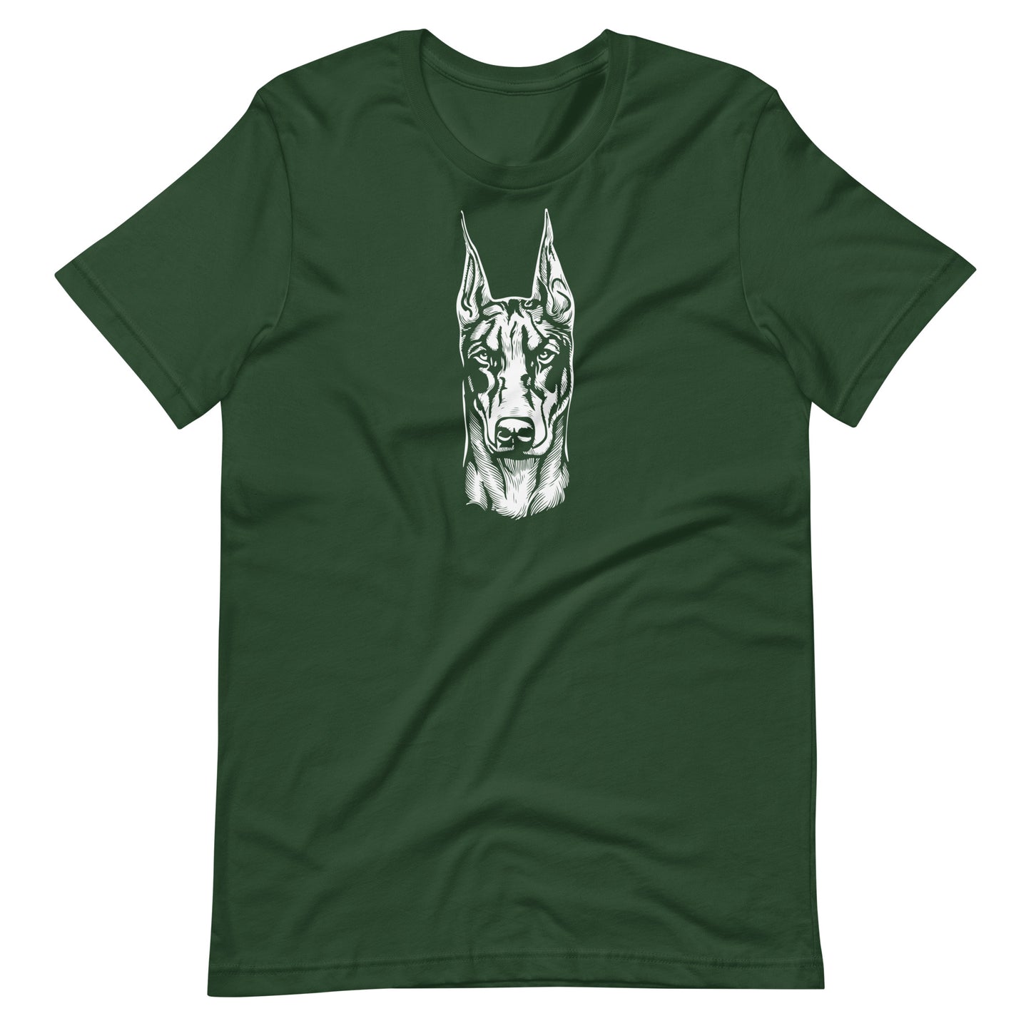 White high contrast doberman dog head silhouette art printed on a green unisex t-shirt front view