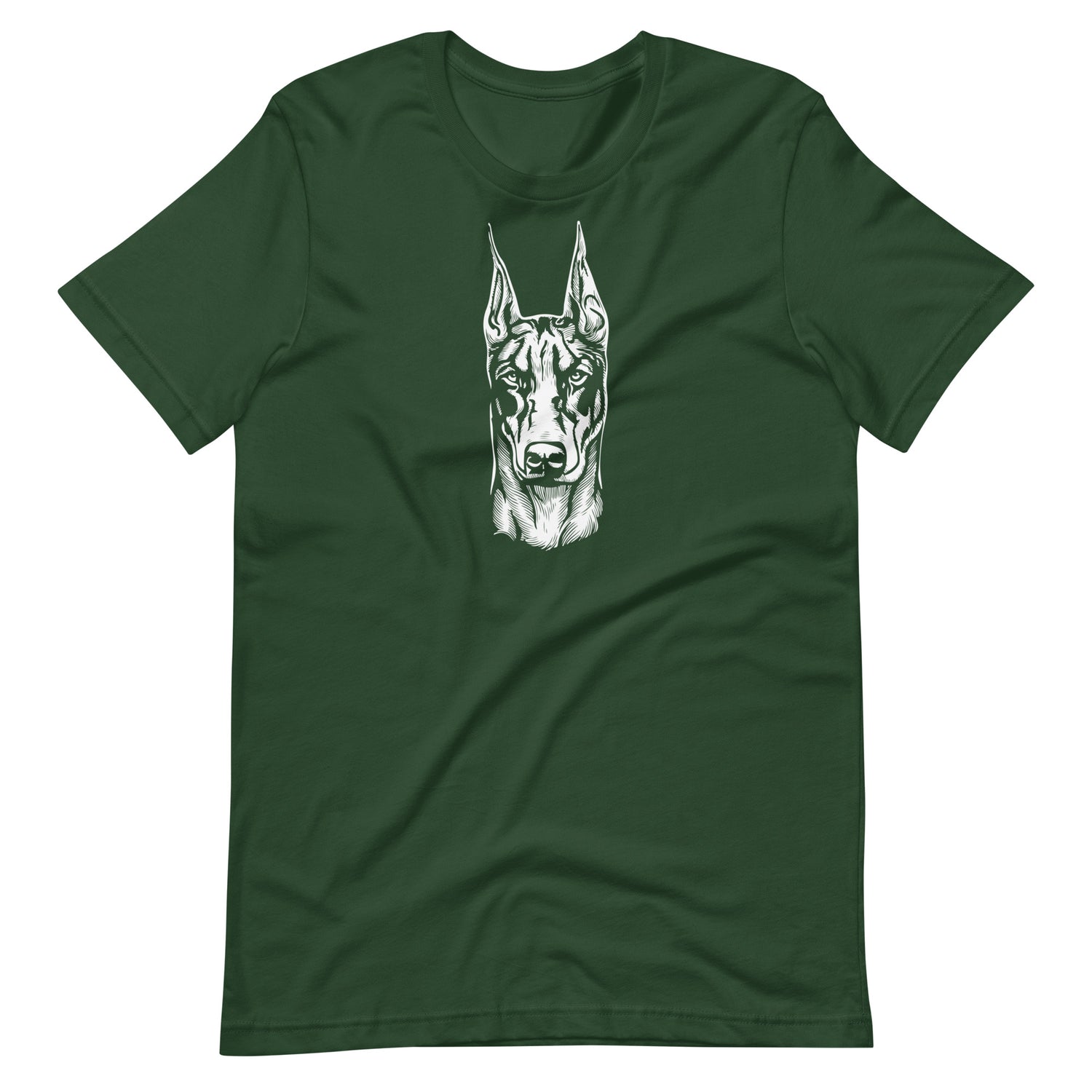 White high contrast doberman dog head silhouette art printed on a green unisex t-shirt front view