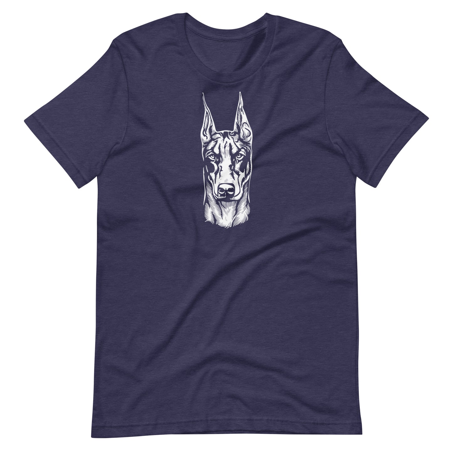 White high contrast doberman dog head silhouette art printed on a midnight blue unisex t-shirt front view