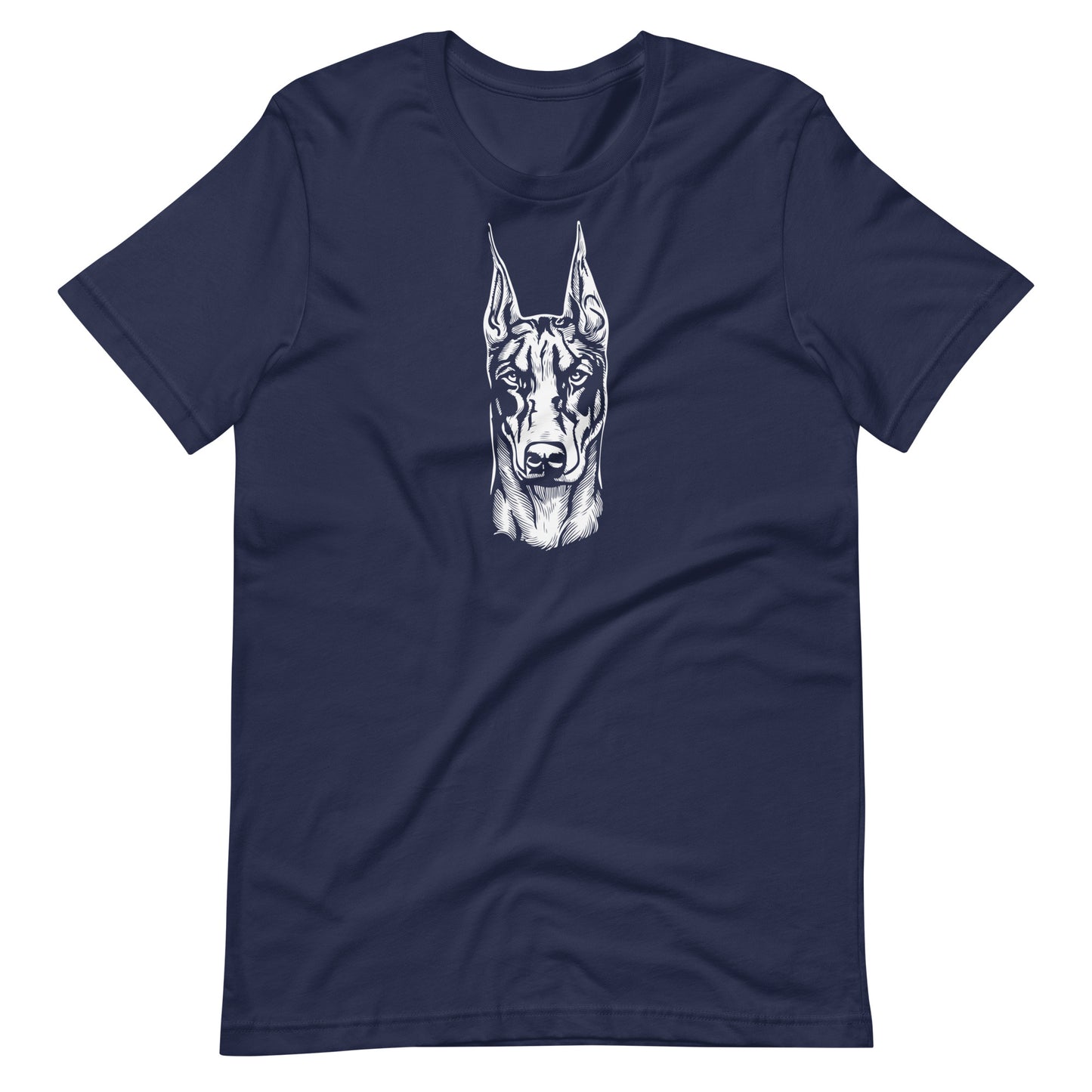White high contrast doberman dog head silhouette art printed on a navy blue unisex t-shirt front view