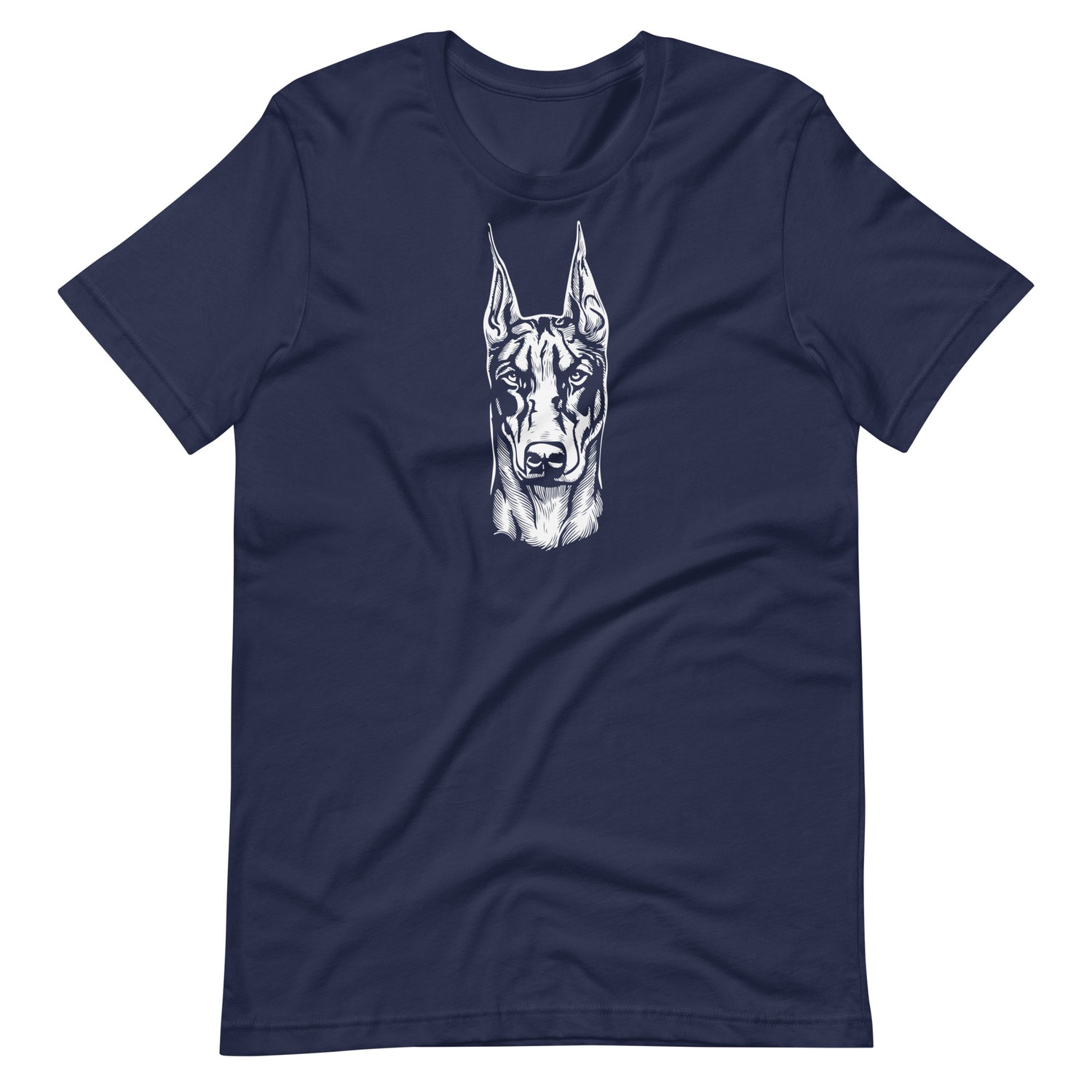 White high contrast doberman dog head silhouette art printed on a navy blue unisex t-shirt front view