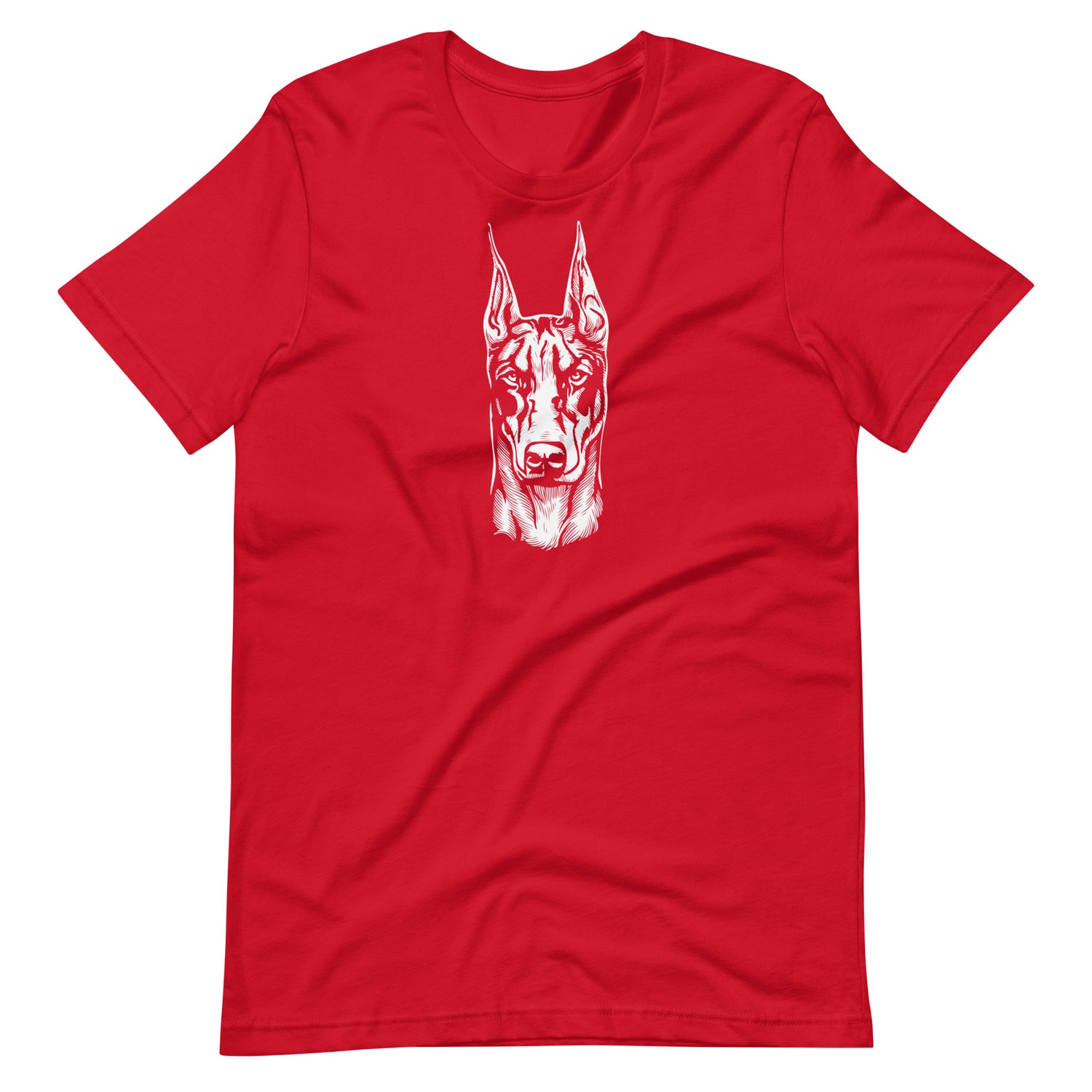 White high contrast doberman dog head silhouette art printed on a red unisex t-shirt front view