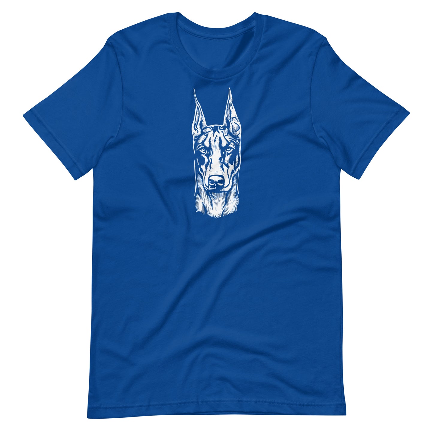 White high contrast doberman dog head silhouette art printed on a royal blue unisex t-shirt front view