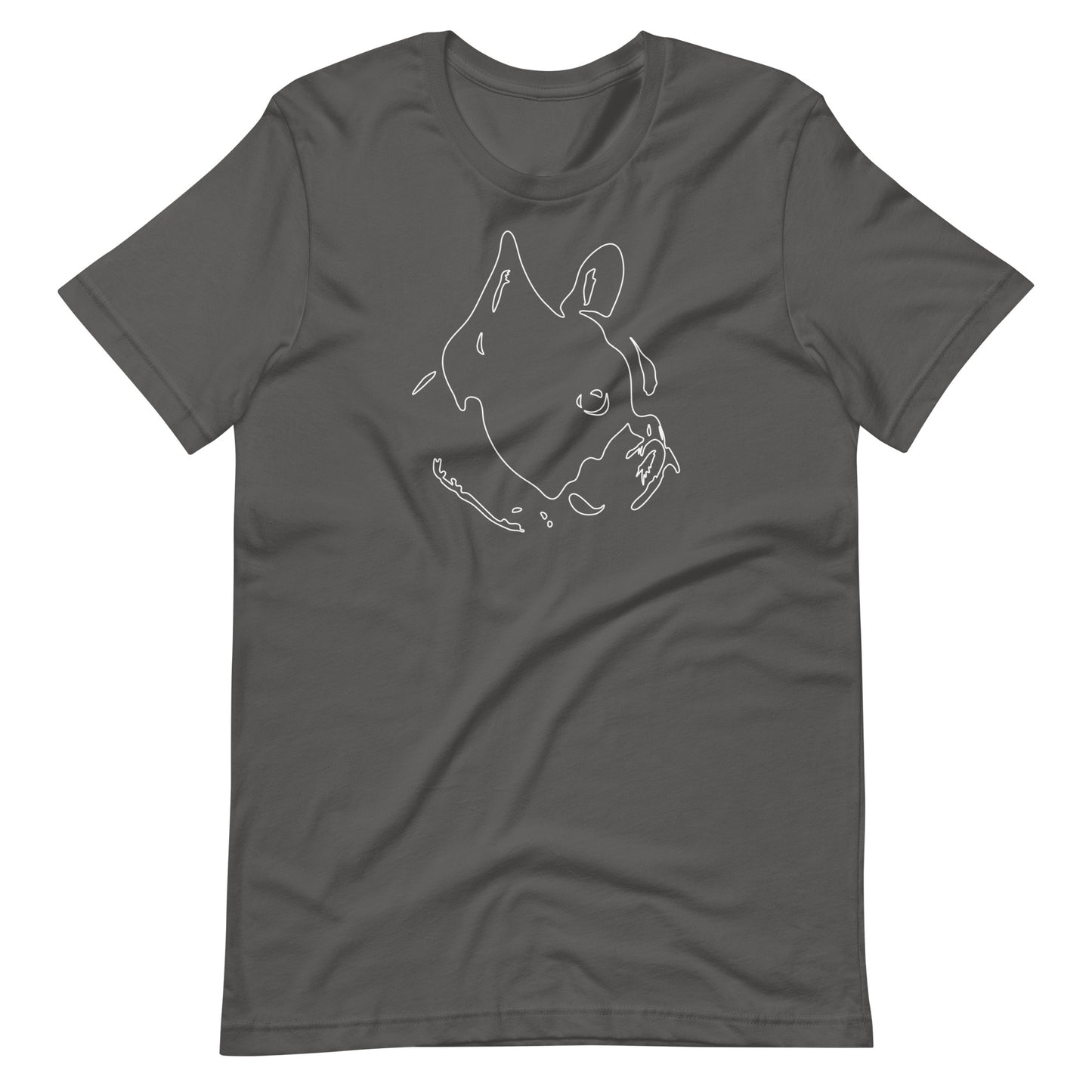 White minimalist line art French Bulldog portrait printed on an asphalt gray unisex t-shirt front view
